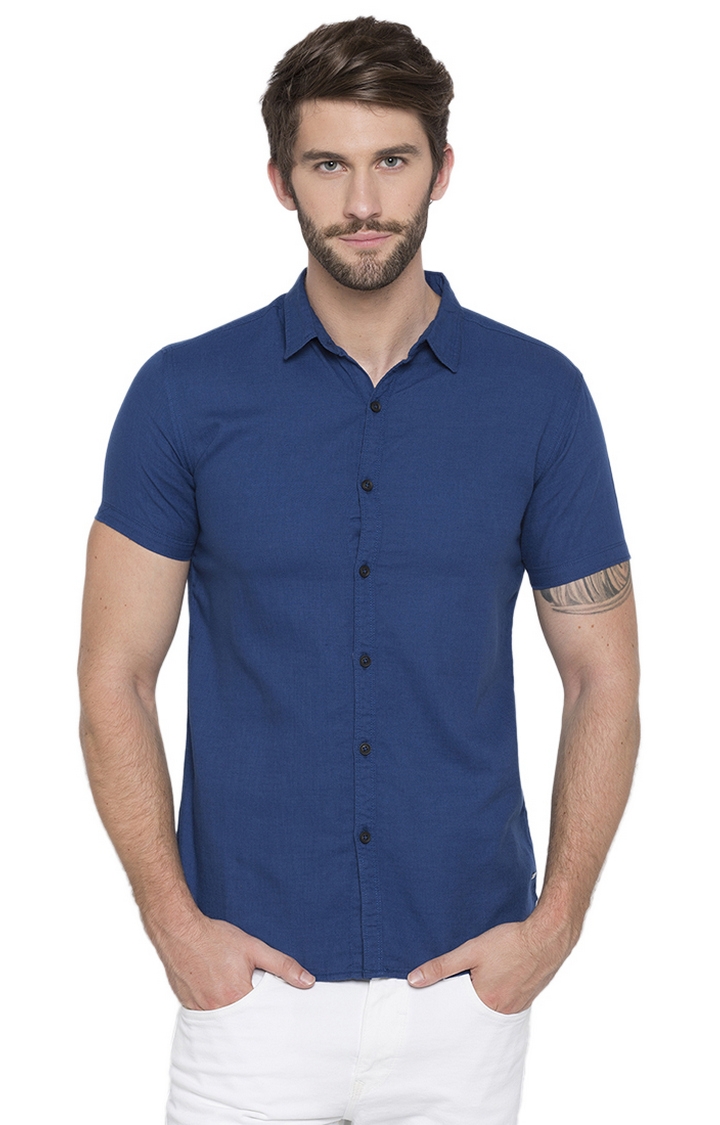Spykar | spykar Blue Solid Slim Fit Casual Shirt