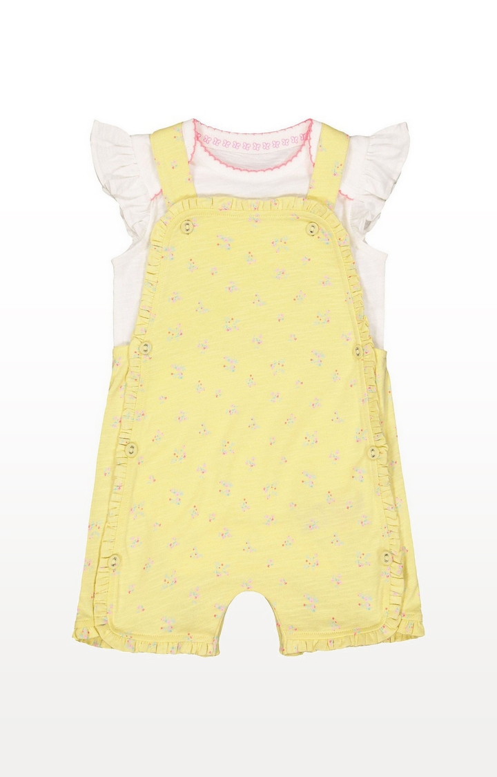 Yellow Floral Bibshorts And White Bodysuit Set