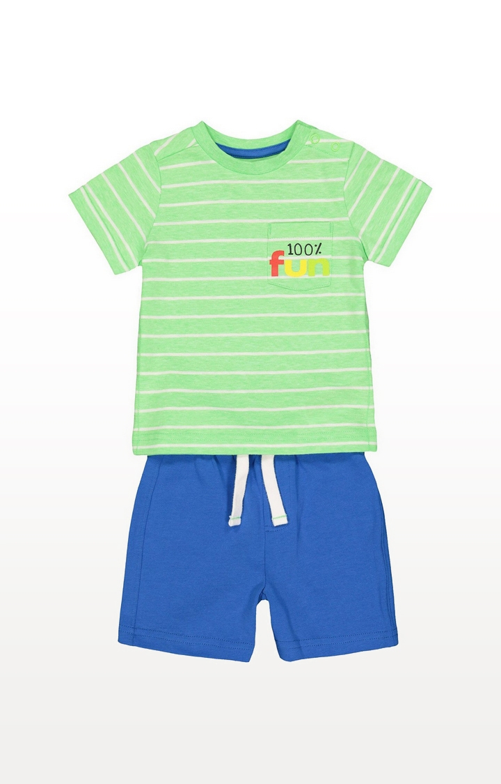 Fun Green Stripe T-Shirt And Blue Shorts Set
