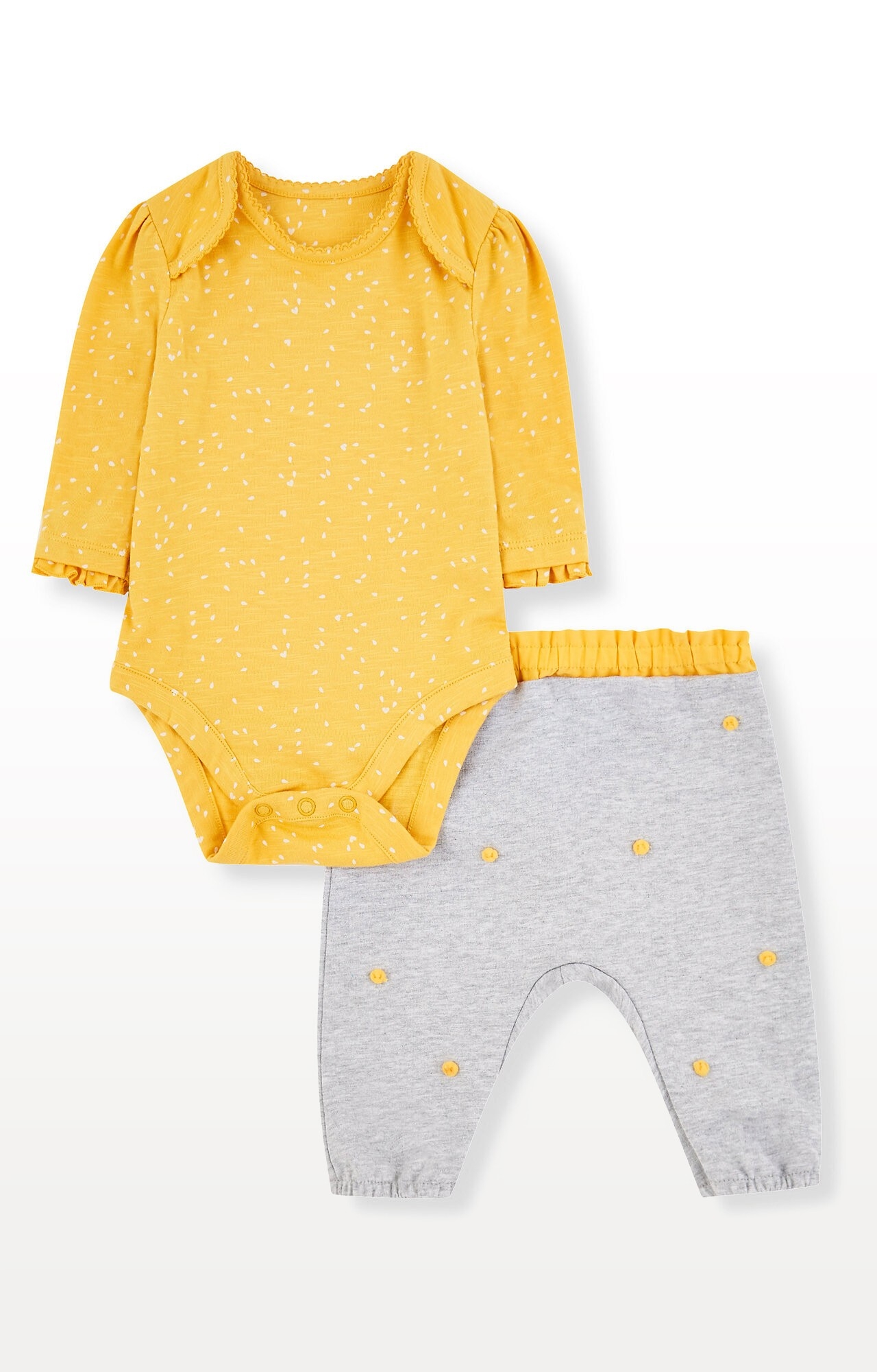 Mothercare | Yellow Bodysuit and Grey Pom Pom Trousers Set