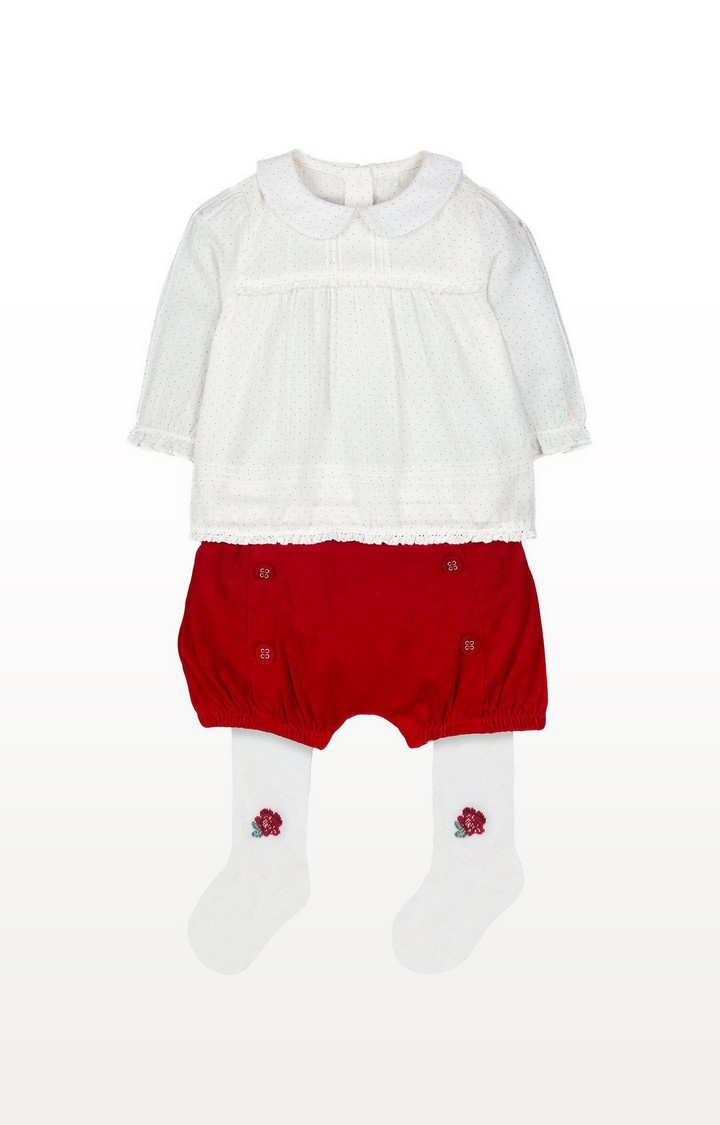 White Polka Dot Blouse, Red Shorts And Tights Set