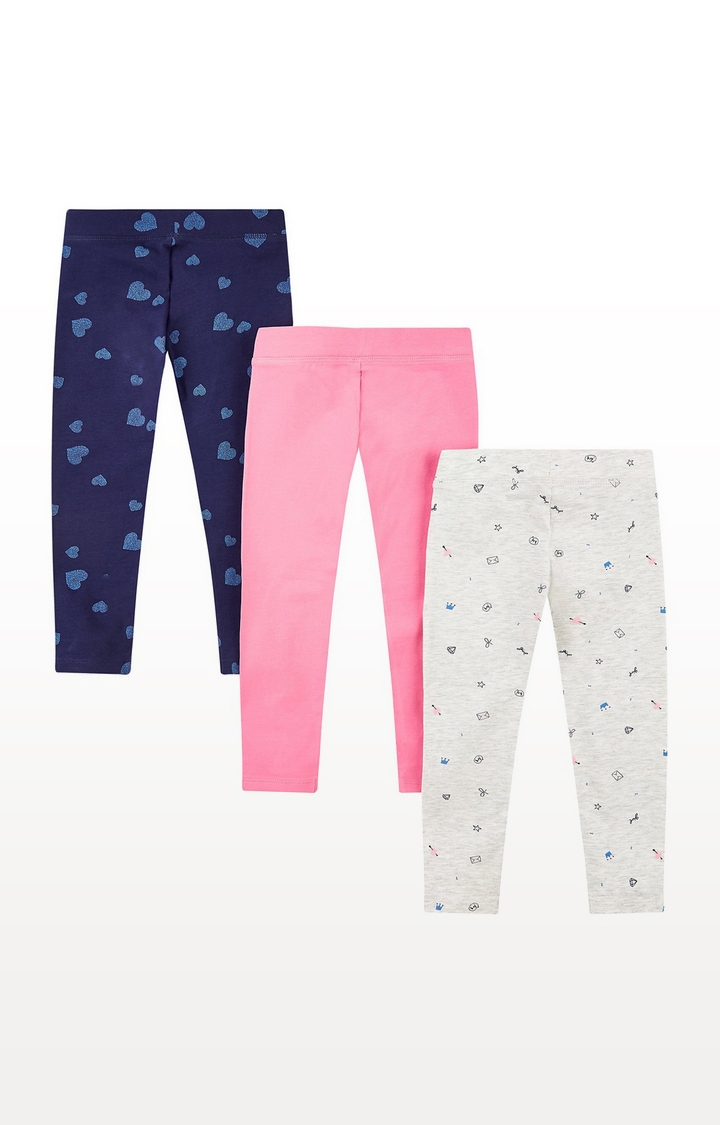Mothercare | Blue Heart, Pink And Grey Crown Leggings - 3 Pack