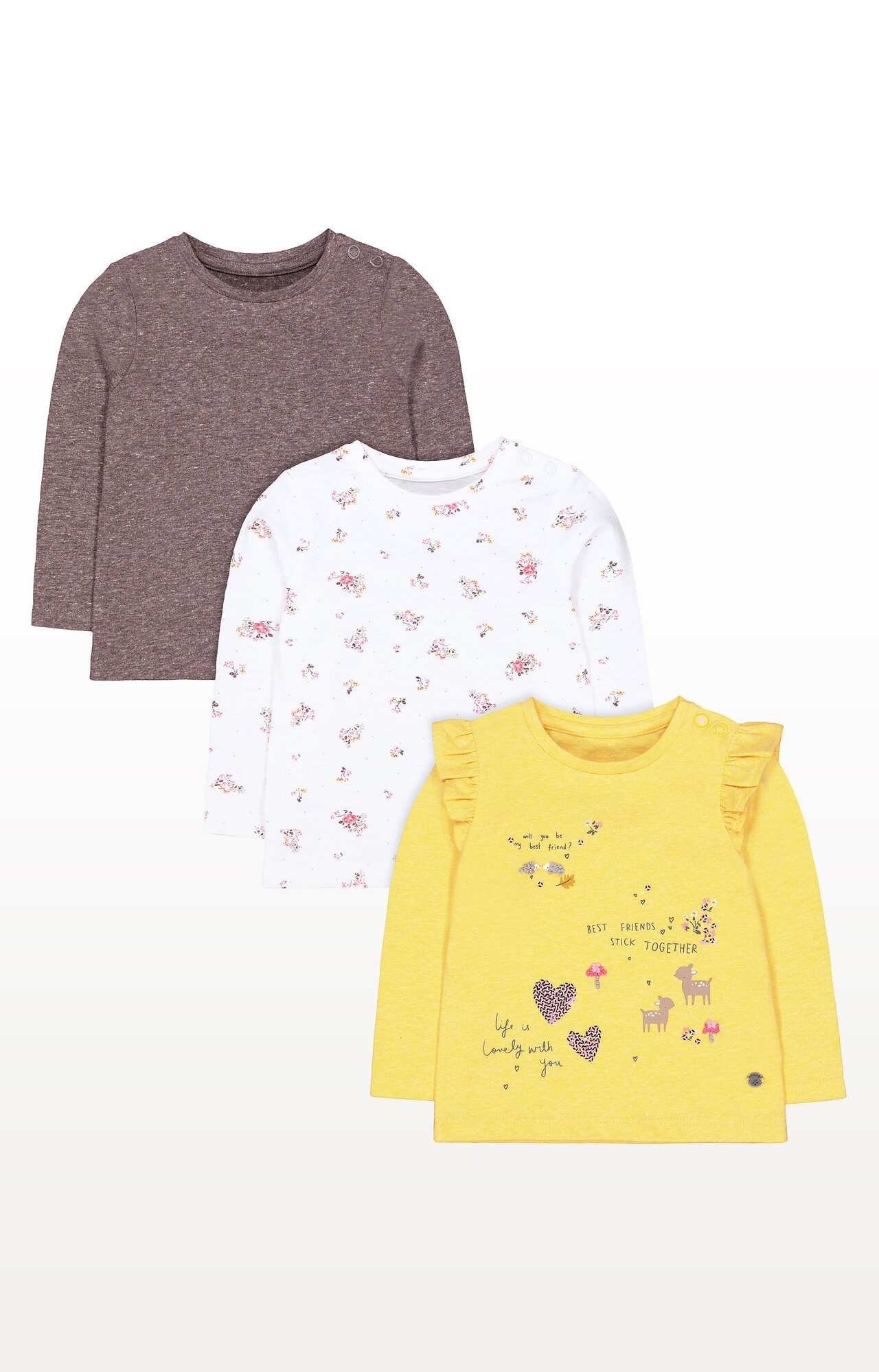 Mothercare | Yellow Woodland Animals, Grey and Floral T-Shirts - Pack of 3