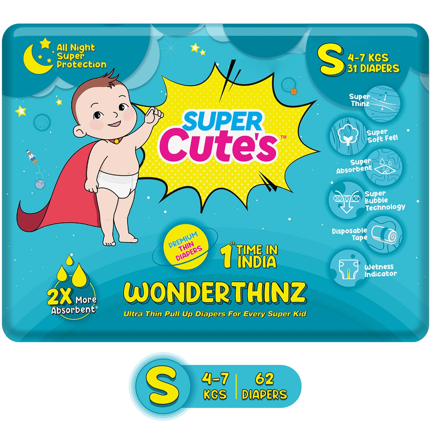 Super Cute's | Super Cute's Wonderthinz Diaper - Small (4-6 Kg) - 31 Pieces (Combo Of 2)