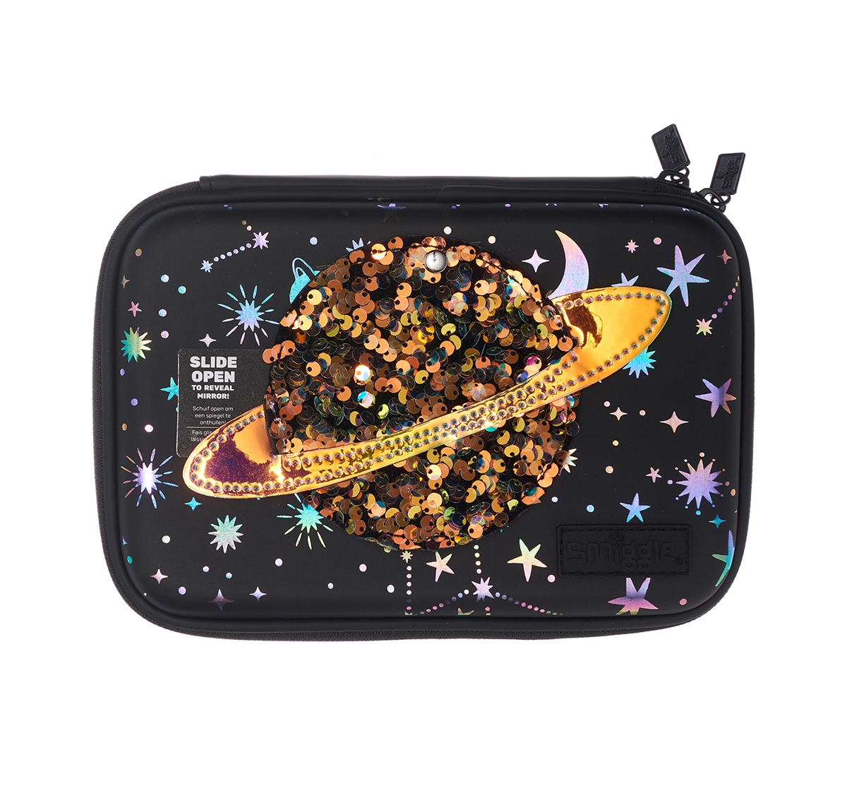 Smiggle | Smiggle Lunar Hardtop Pencil Case with Hidden Mirror - Space Print Bags for Kids age 3Y+ (Black)