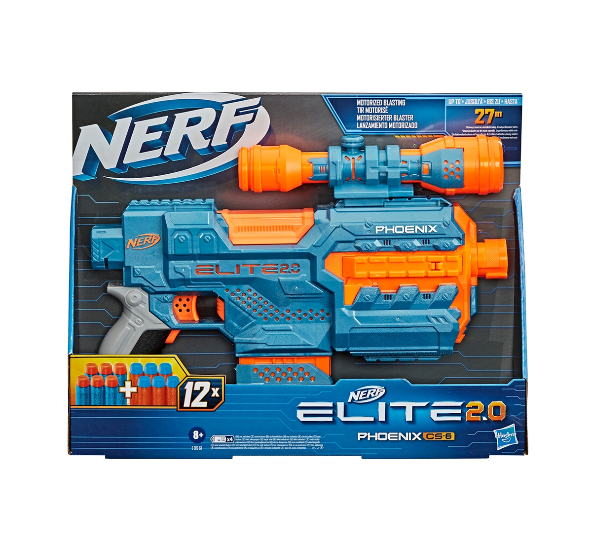 Nerf Elite 2.0 Phoenix CS-6 Motorized Blaster, 12 Official Nerf Darts, 6-Dart Clip, Scope, Tactical Rails, Barrel and Stock Attachment Points Blasters for BOYS age 8Y+ 