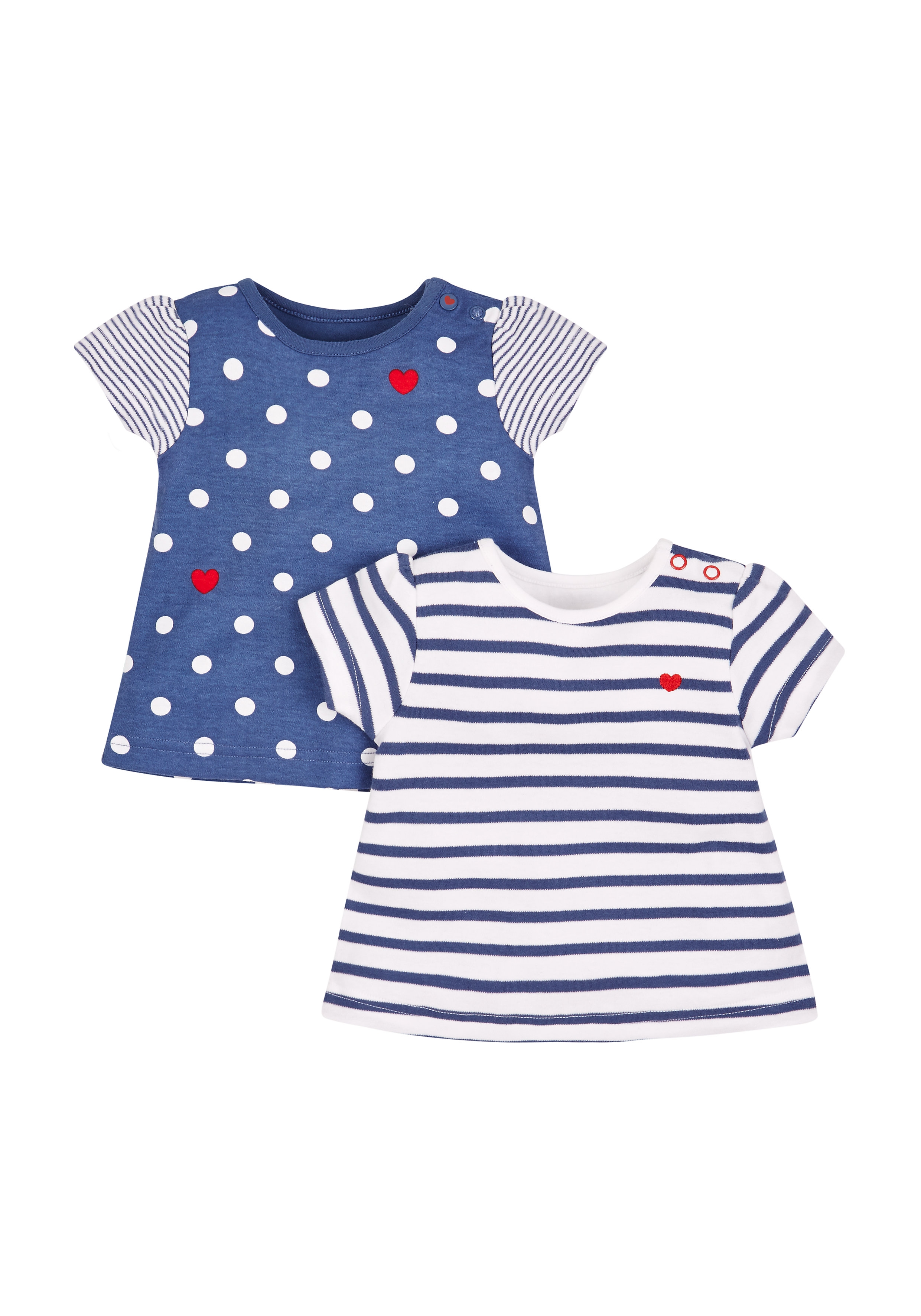 Mothercare | Girls Stripe, Spot And Hearts T-Shirts - Pack Of 2 - Navy