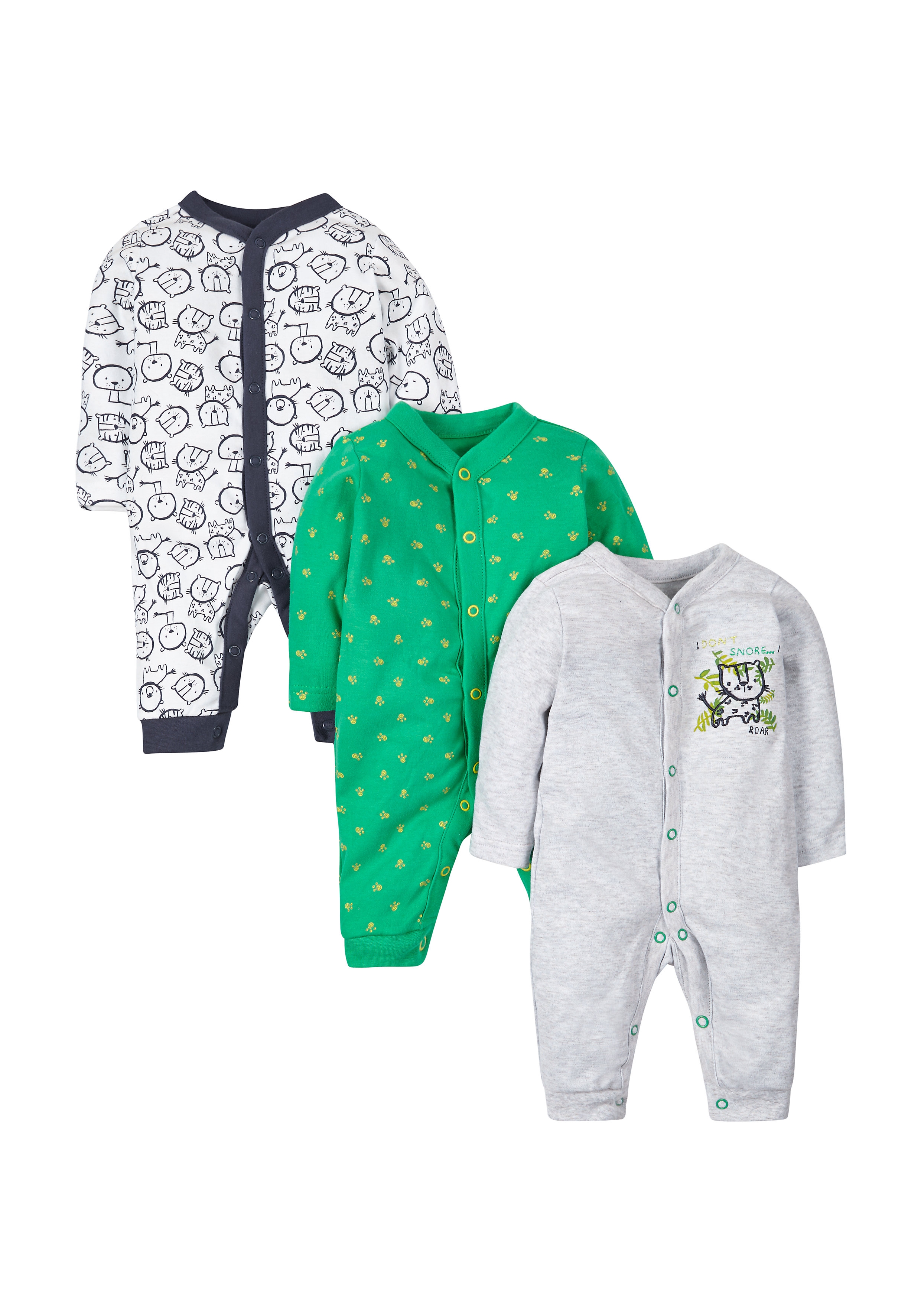 Mothercare | Boys Full Sleeves Animal Print Sleepsuit - Pack Of 3 - Grey Green