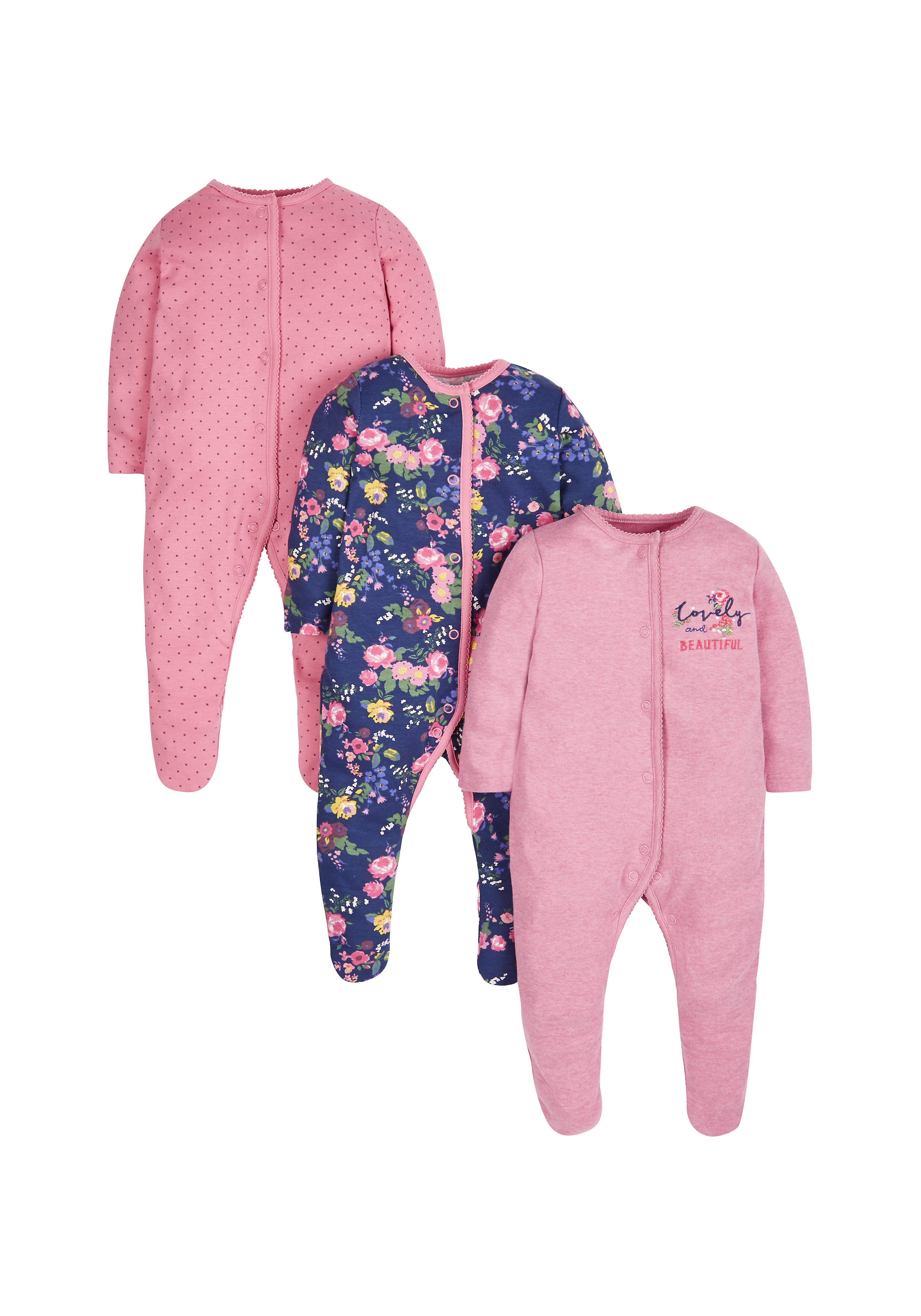 Mothercare | Girls Autumn Floral Sleepsuits - Pack Of 3 - Multicolor