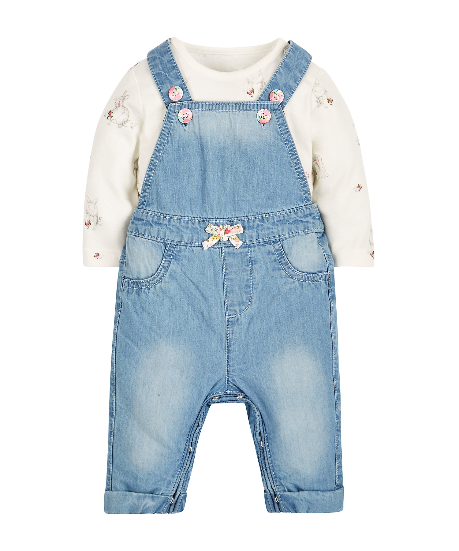 Mothercare | Girls Full Sleeves Dungaree Set Bow Detail - Blue