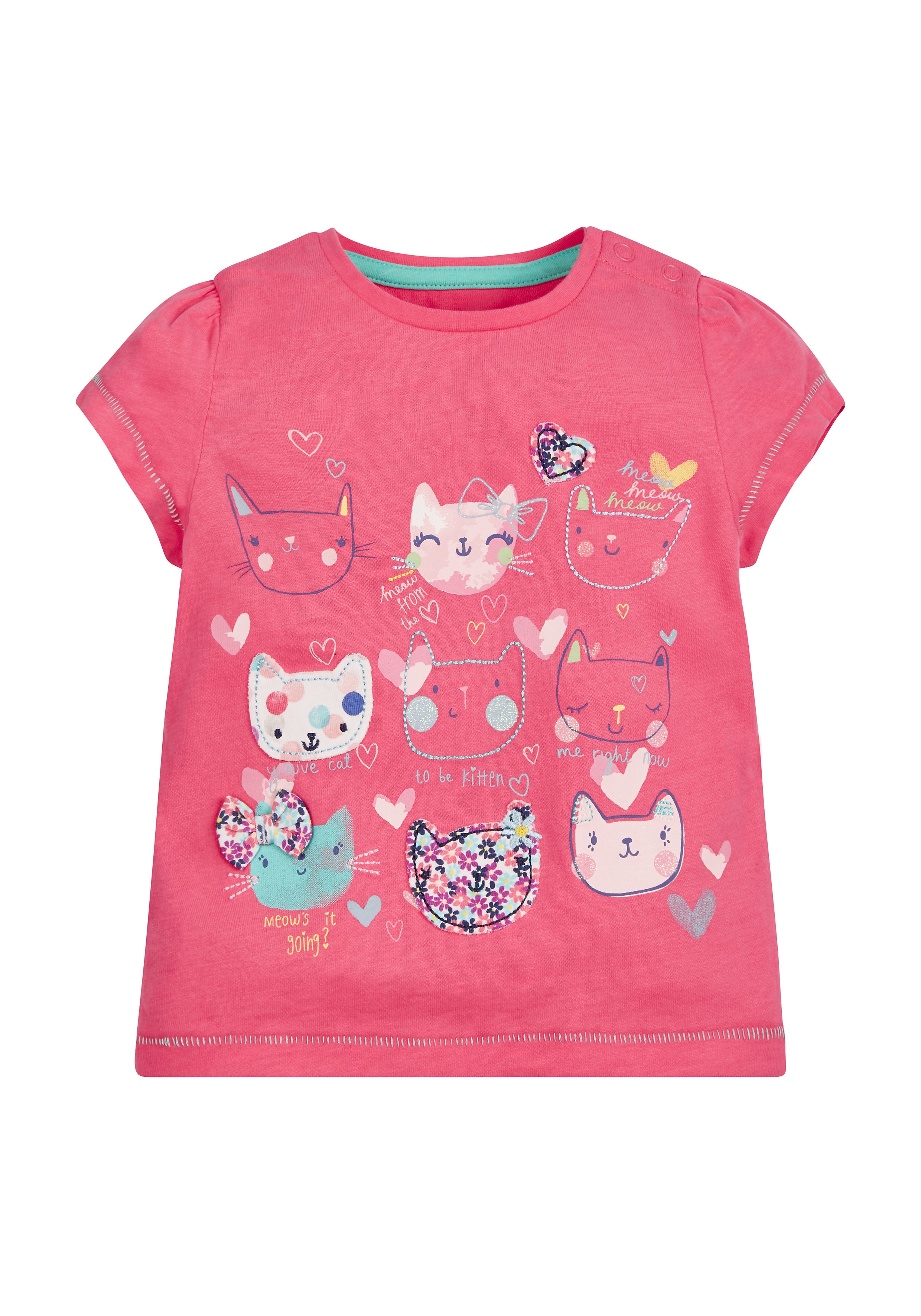 Mothercare | Girls Half Sleeves T-Shirt Cat Patchwork - Pink