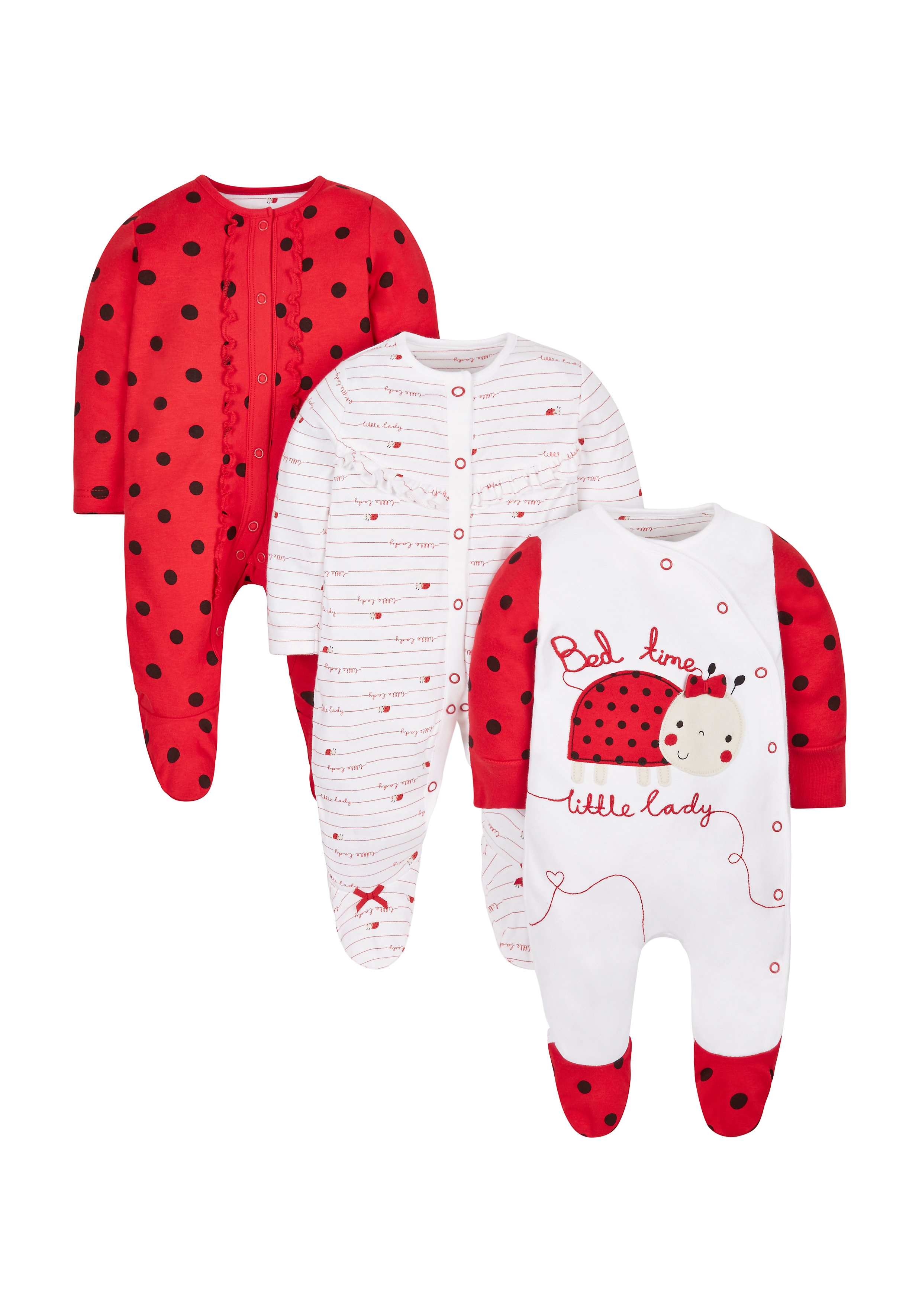 Mothercare | Girls Full Sleeves Ladybird Design Sleepsuit - Pack Of 3 - Red