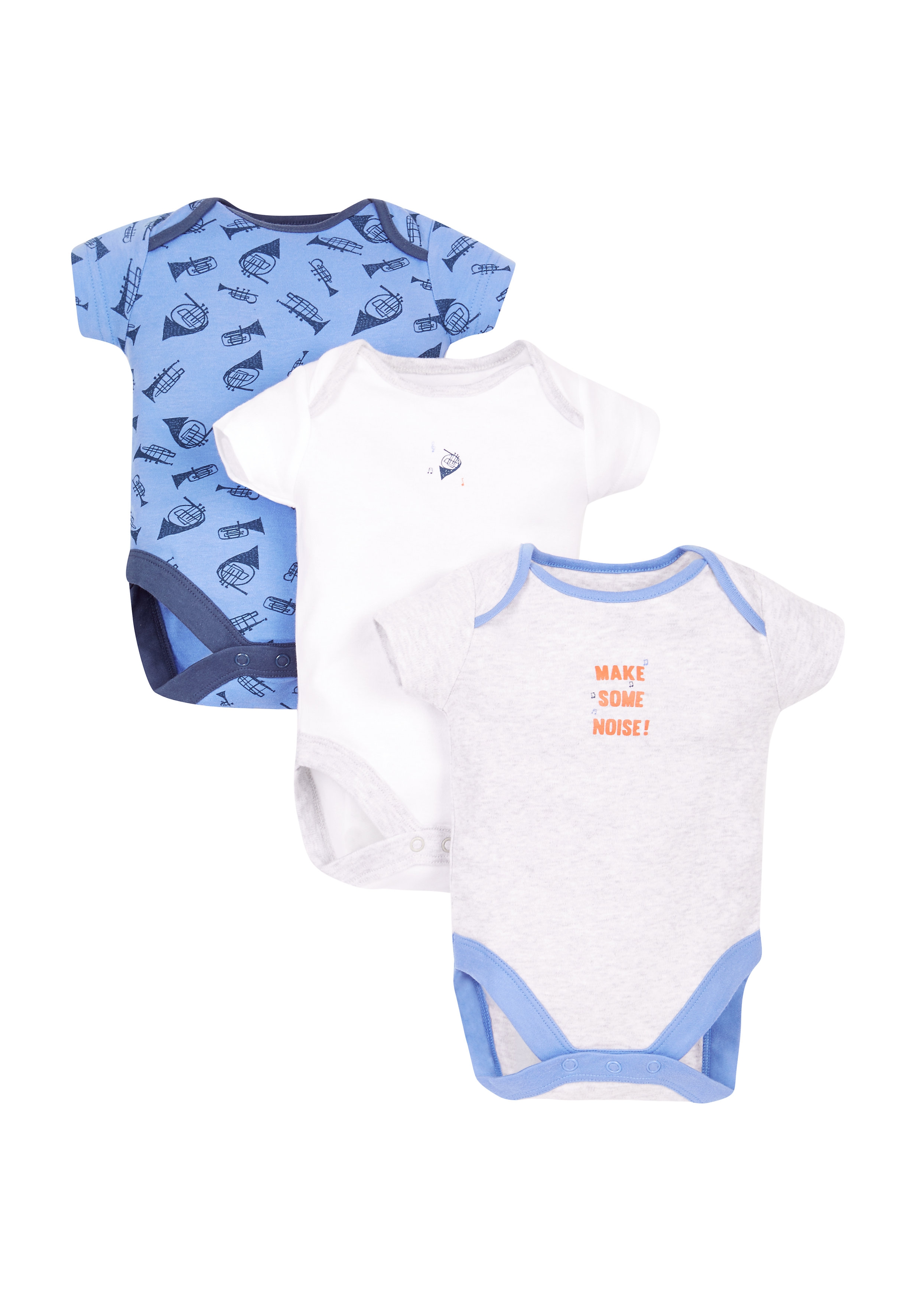 Mothercare | Boys Little Musician Bodysuits - Pack Of 3 - Blue