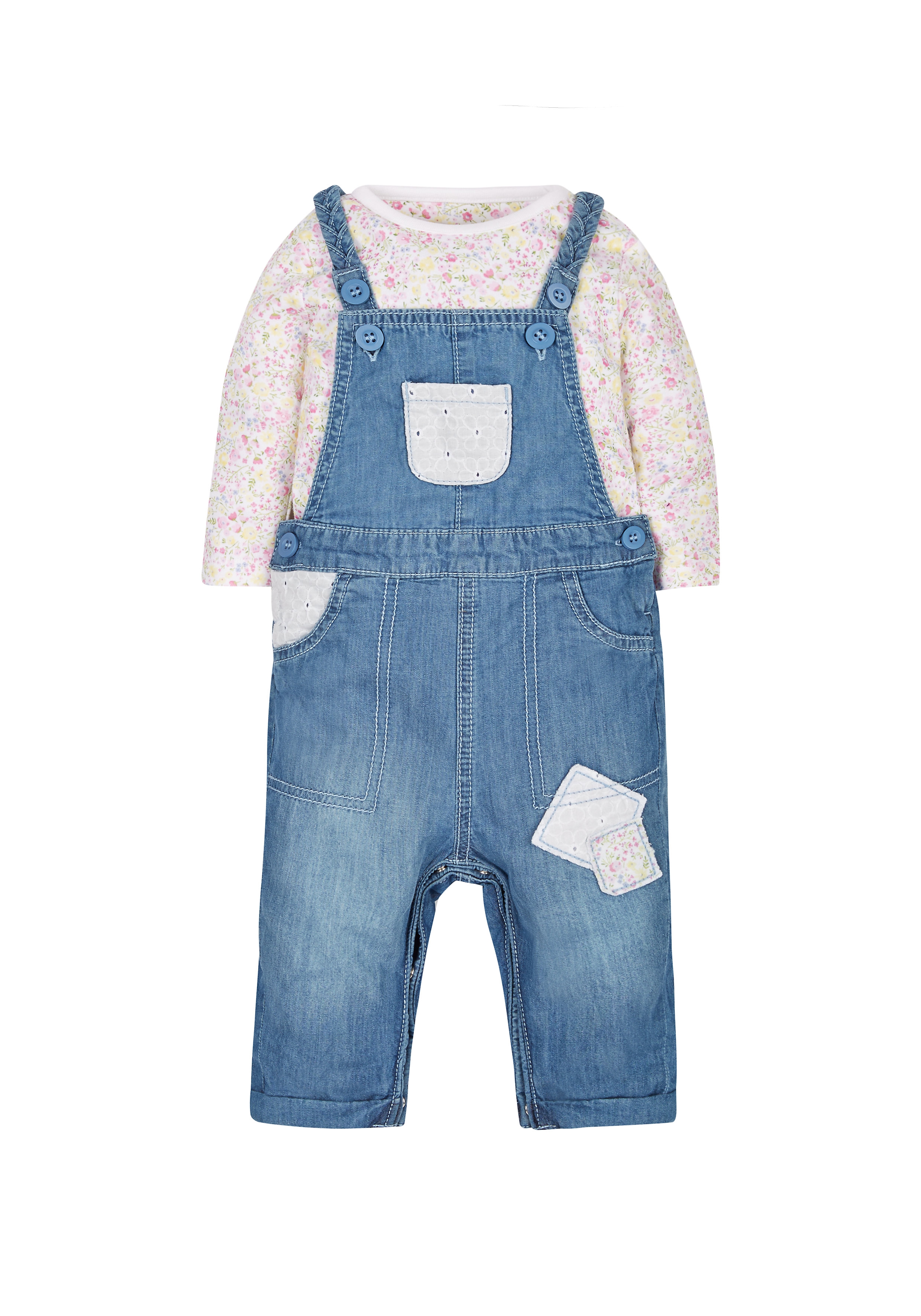Mothercare | Girls Floral Bodysuit And Denim Dungaree Set