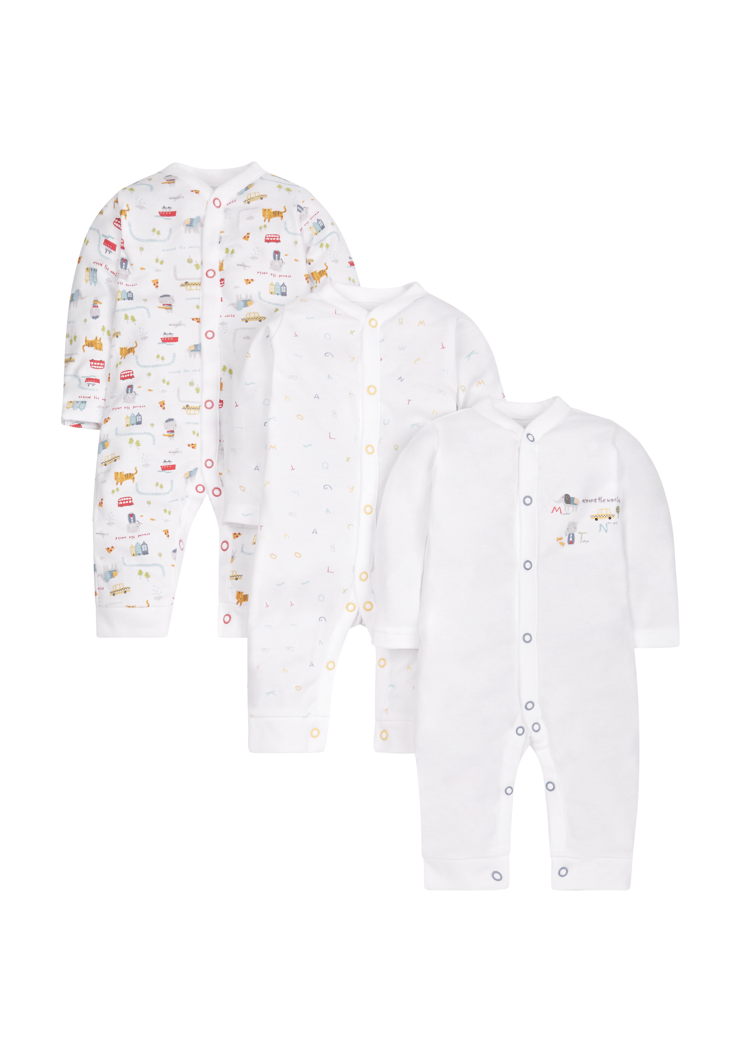 Mothercare | Unisex Full Sleeves Sleepsuit Printed - Pack Of 3 - White