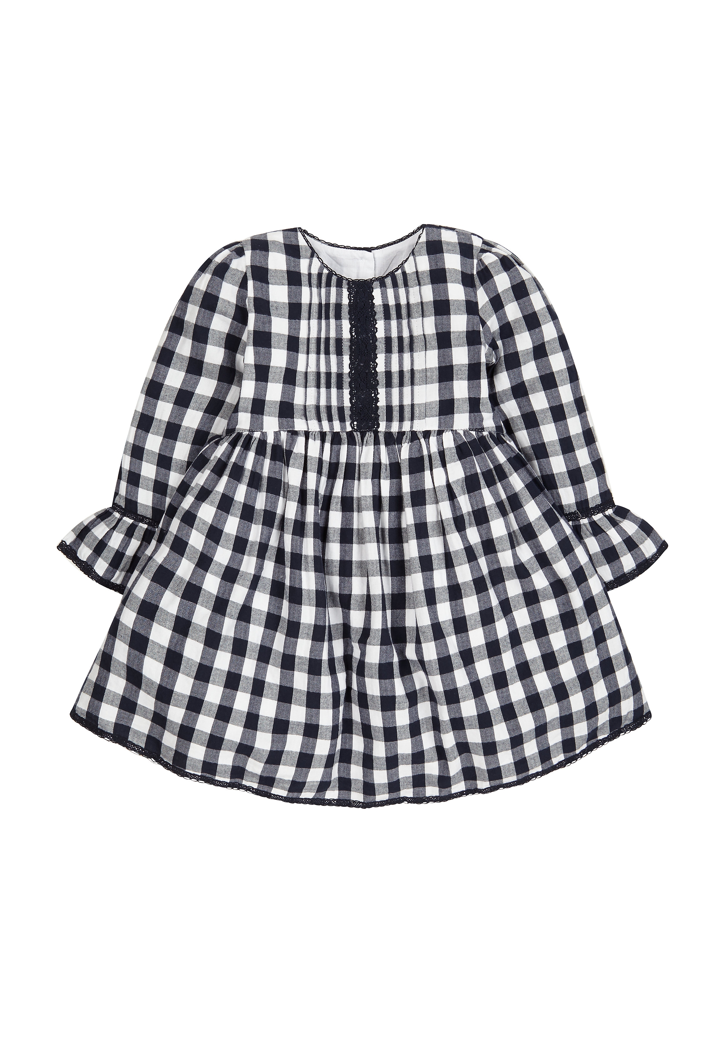 Mothercare | Girls Full Sleeves Dress Checks And Lace Detail - Black
