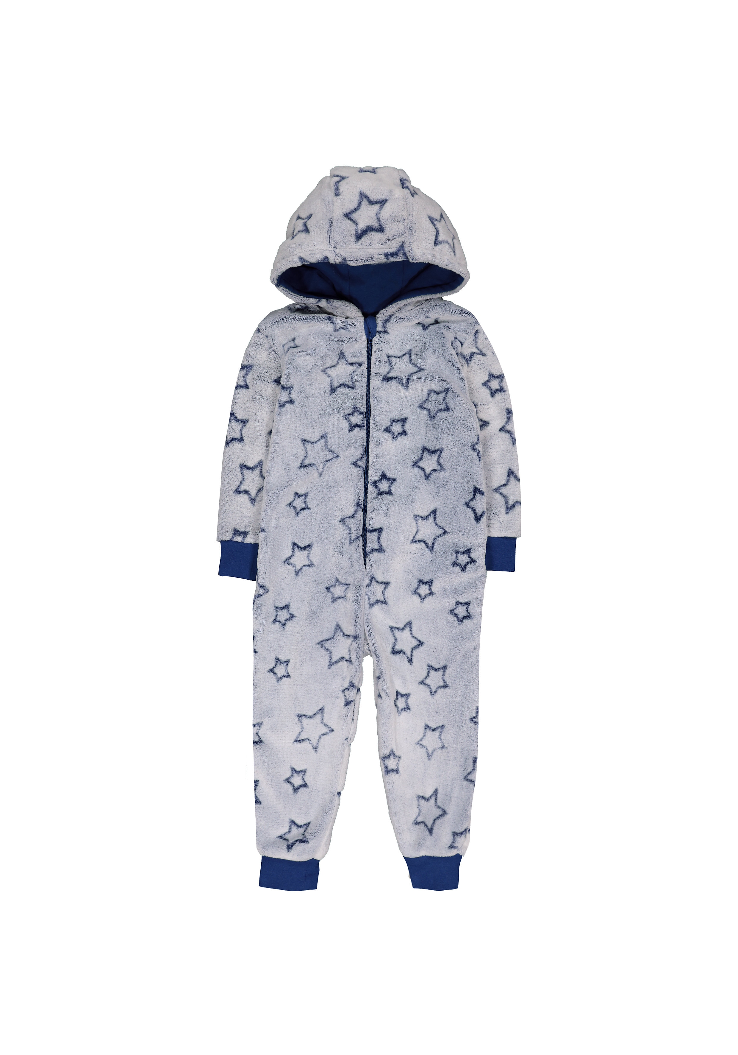 Mothercare | Boys Full Sleeves Fluffy Hooded Romper Star Design - Blue