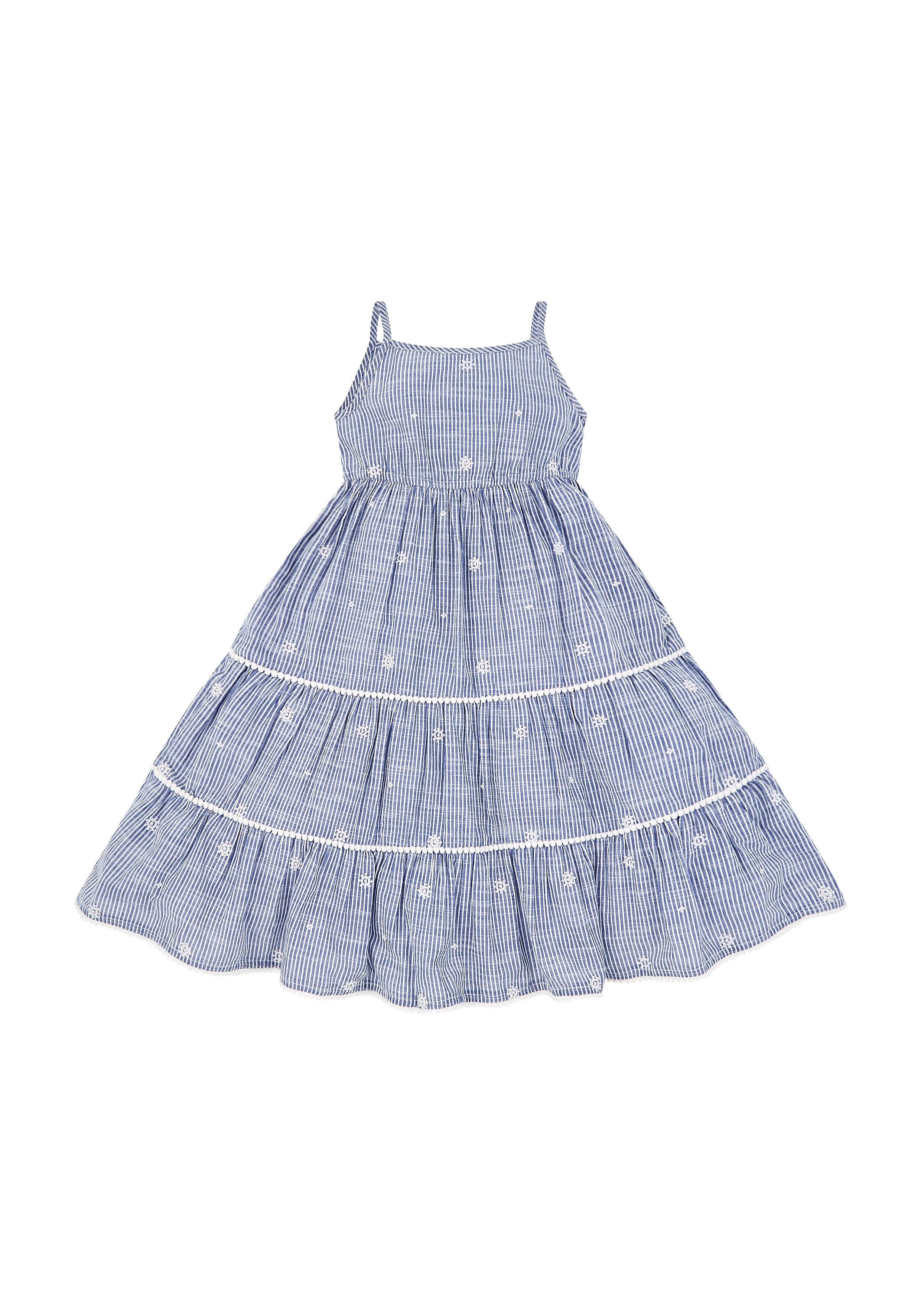 Mothercare | Girls Blue And White Flower Embroidery Stripe Maxi Dress - Blue