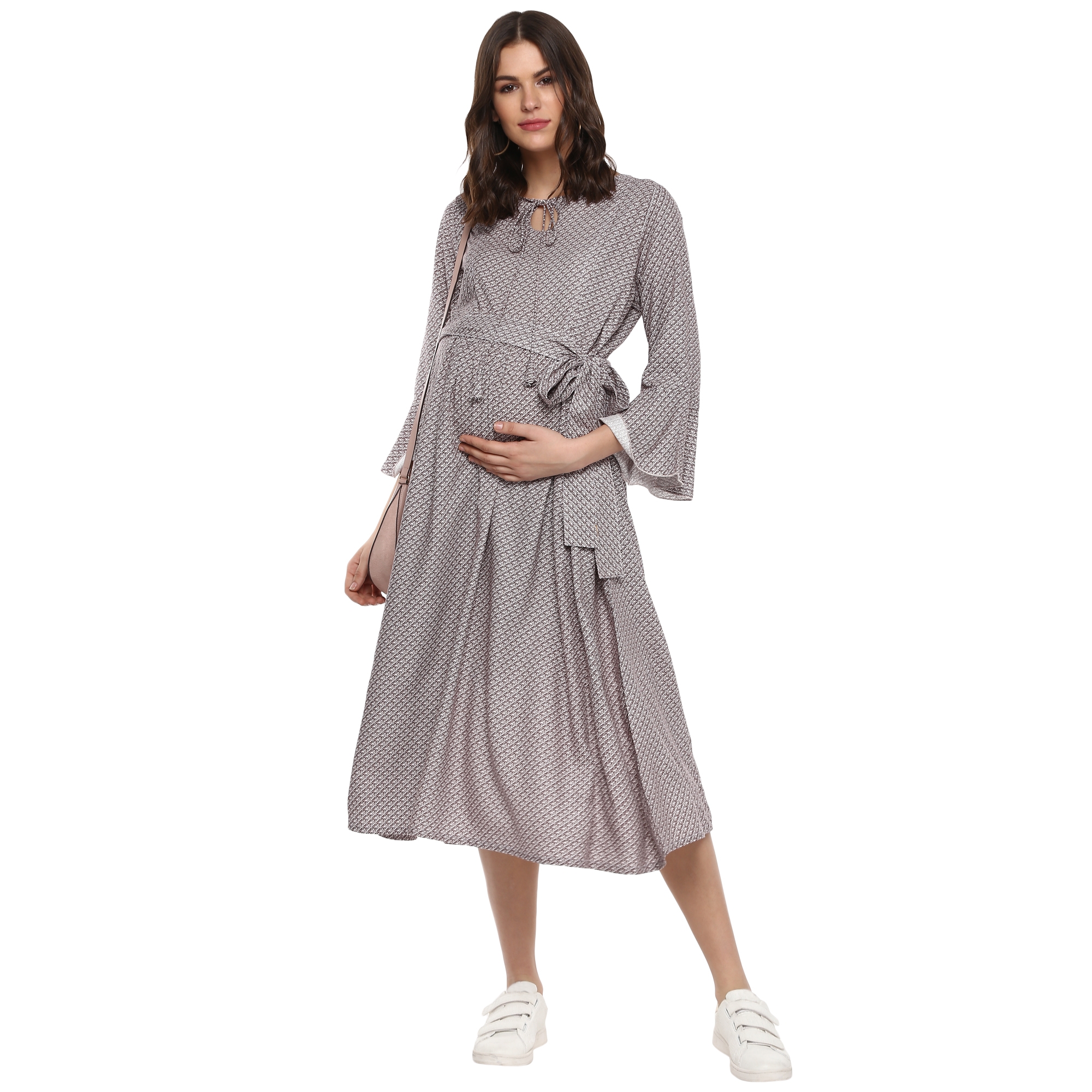 Women Maternity Full Sleeves Printed Dress - Grey