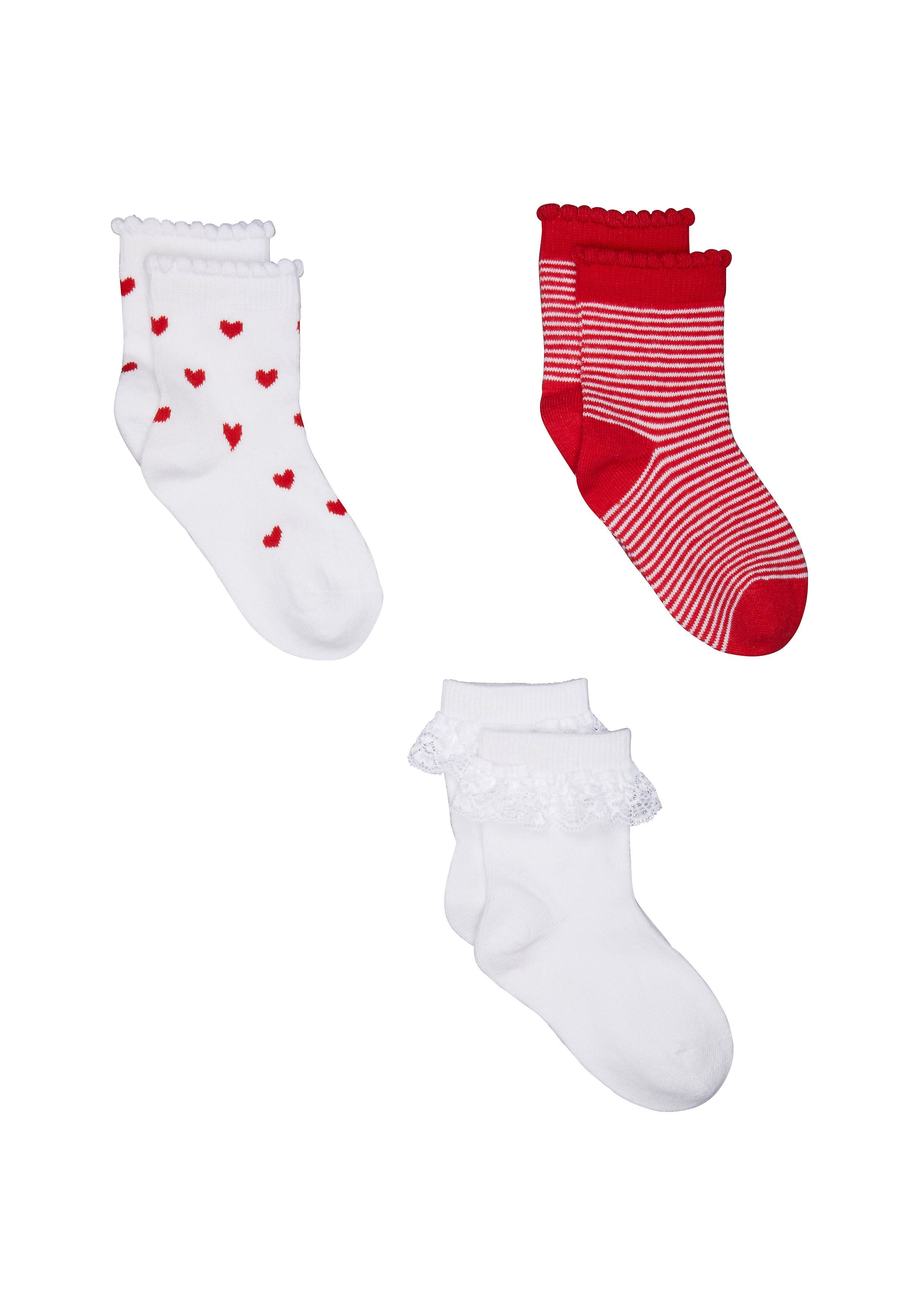 Mothercare | Girls Heart, Stripe And Lace Turn - Over - Top Socks - 3 Pack - Red
