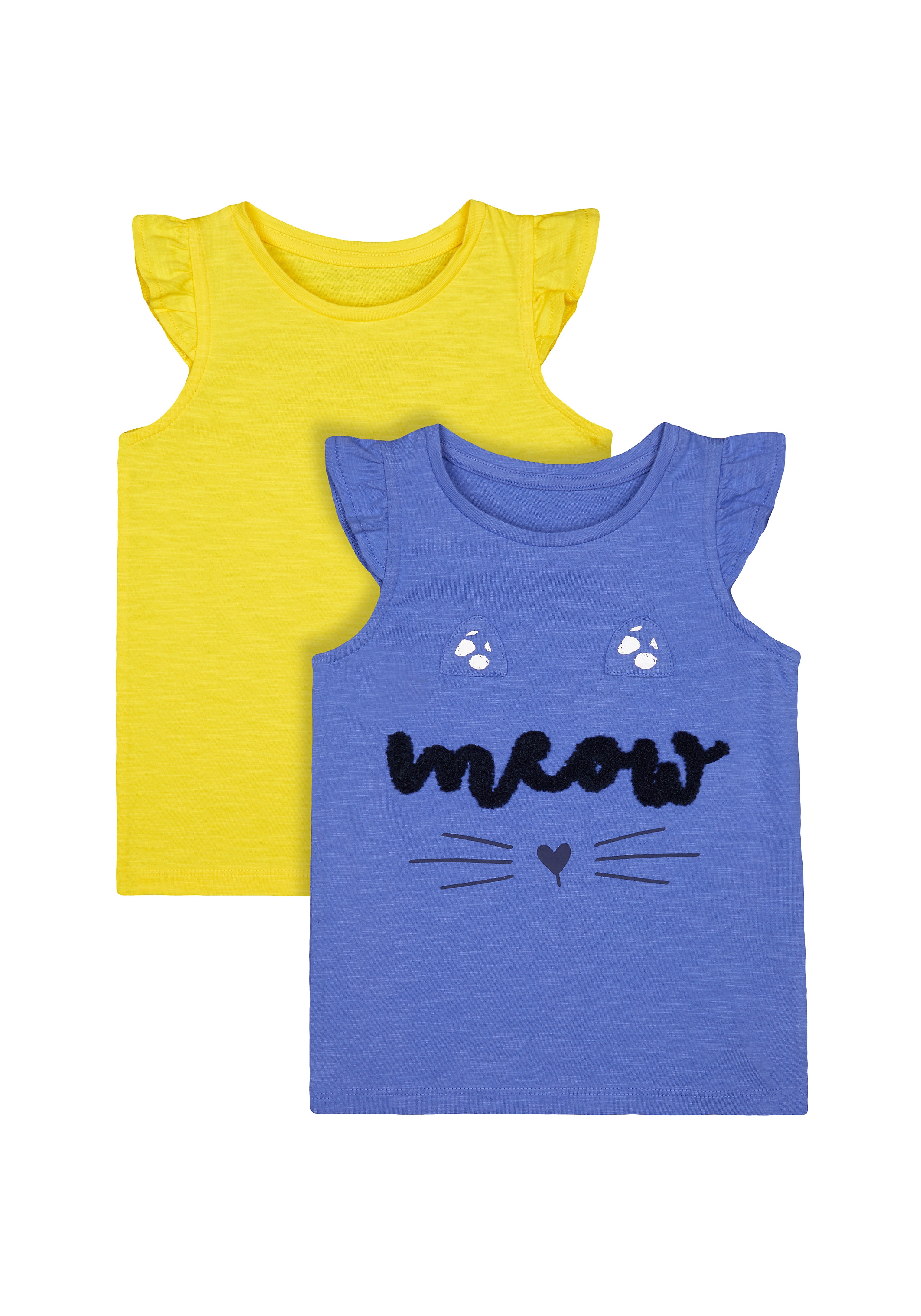 Girls Half Sleeves T-Shirt Cat Ear Patch Detail - Pack Of 2 - Yellow Blue