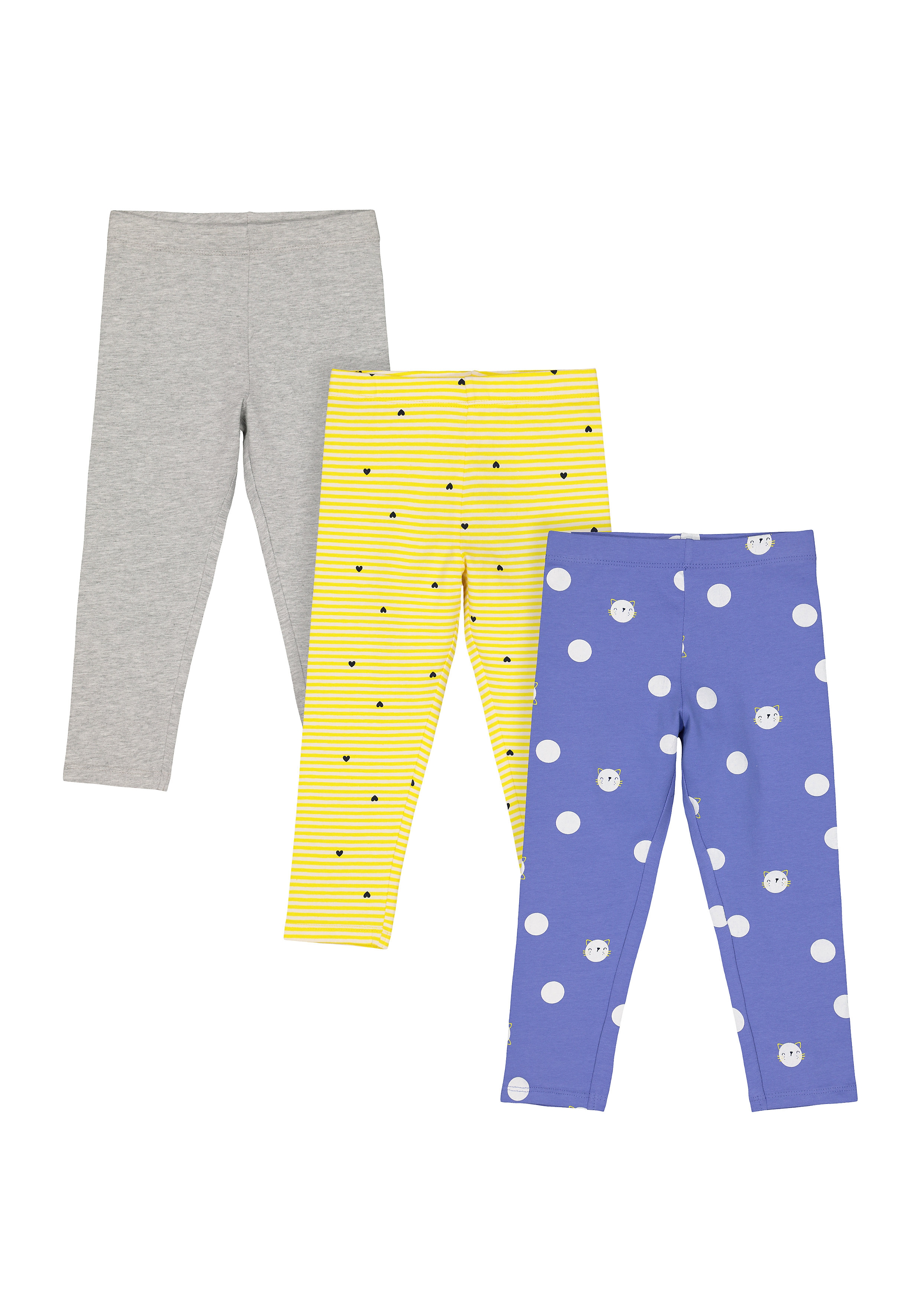 Mothercare | Girls Leggings Stripes And Polka Dot Print - Pack Of 3 - Yellow Blue Grey