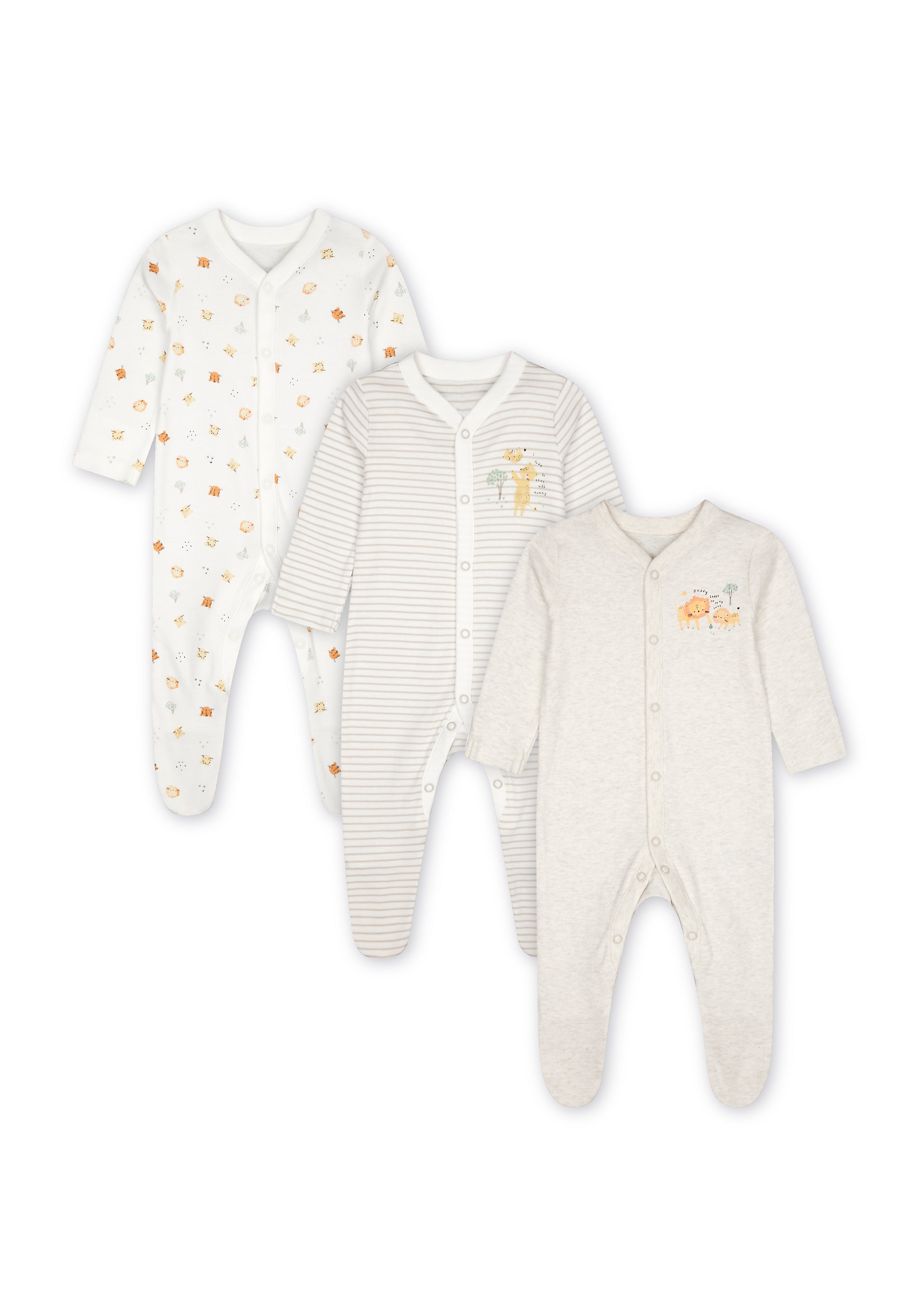 Mothercare | Unisex Sleepsuit Stripes And Animal Print  - Pack Of 3 - Cream