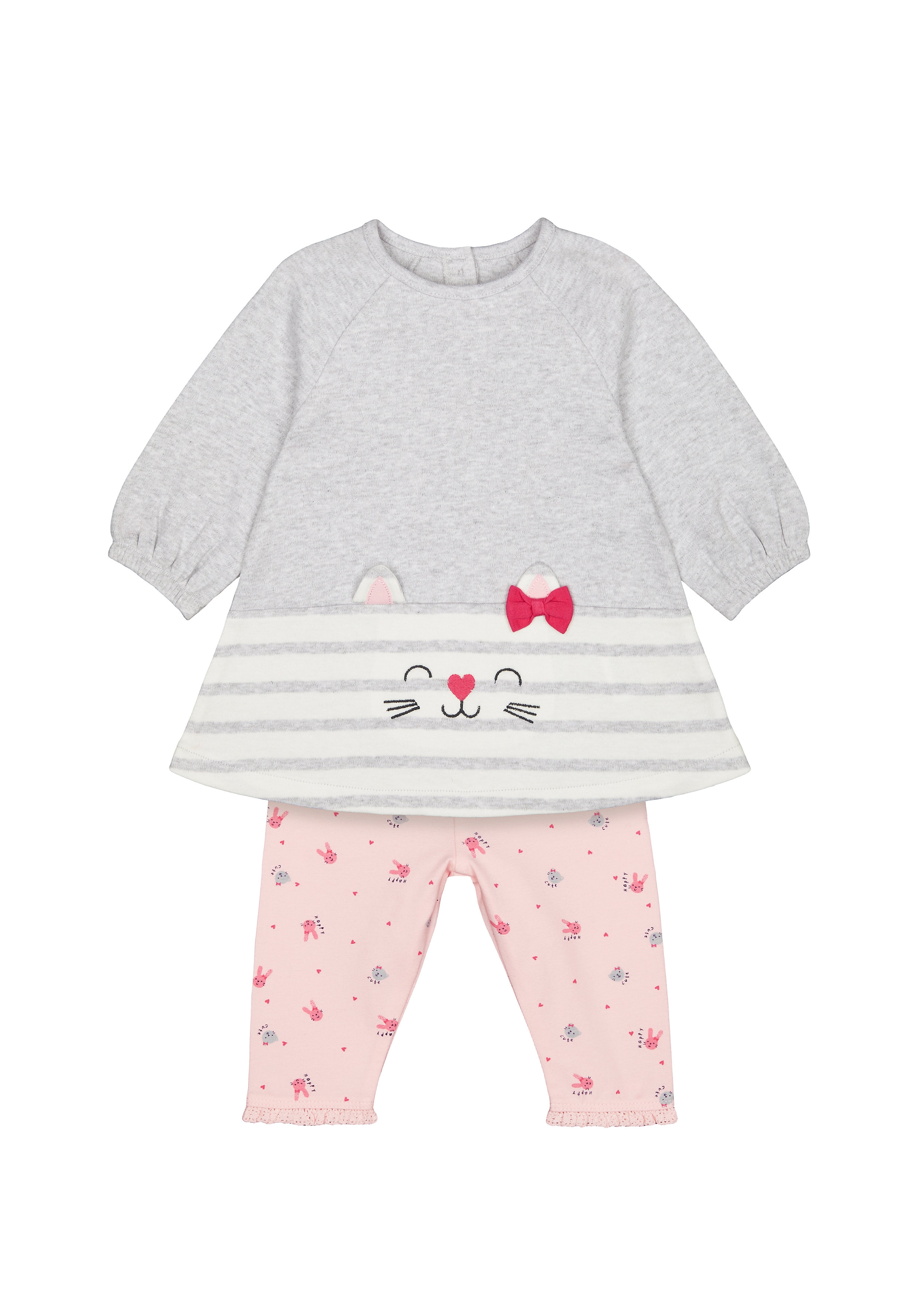 Mothercare | Girls Full Sleeves Dress And Legging Set 3D Cat Details - Grey Pink