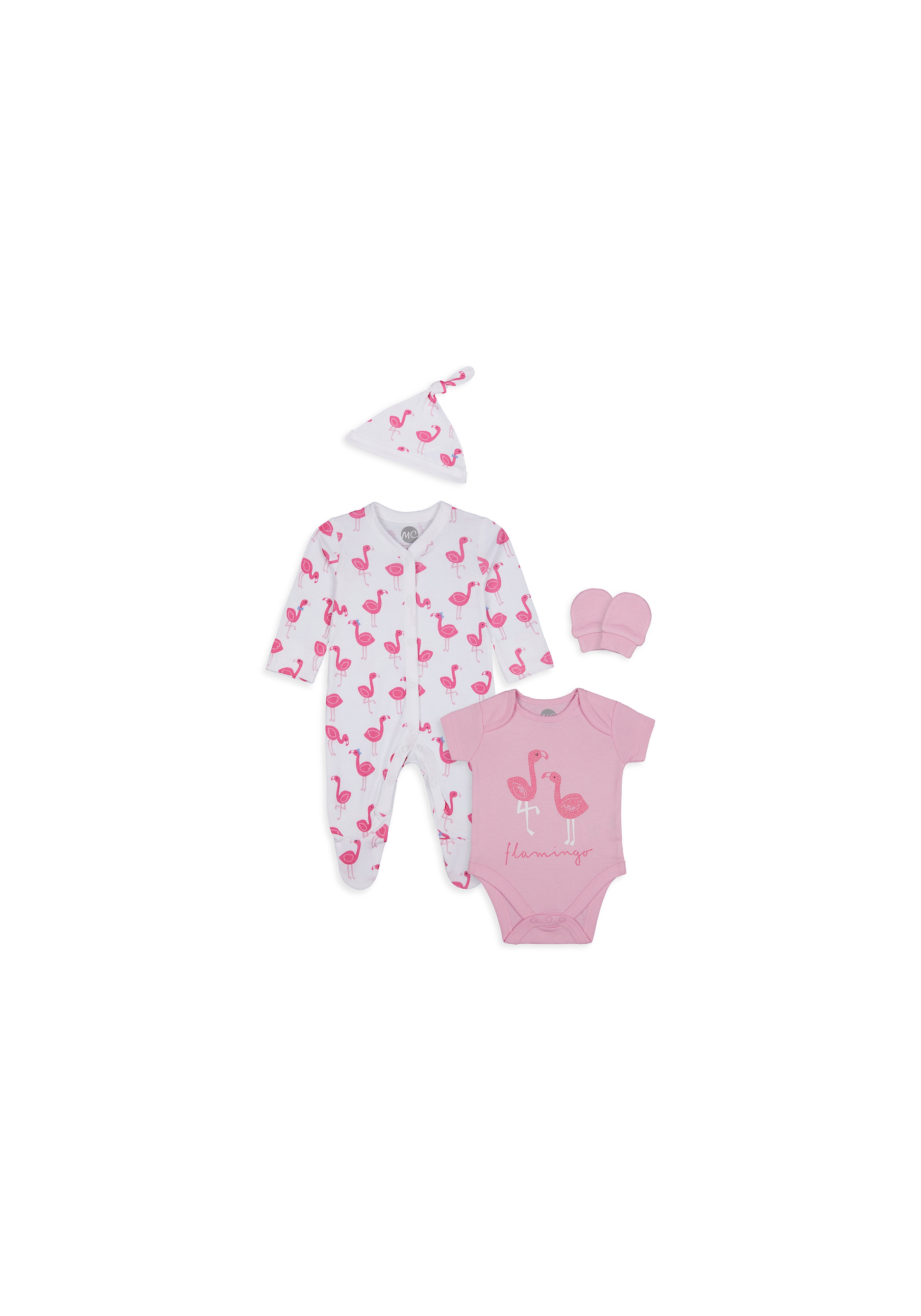 Girls 4 Piece Set Flamingo Print - Pink White