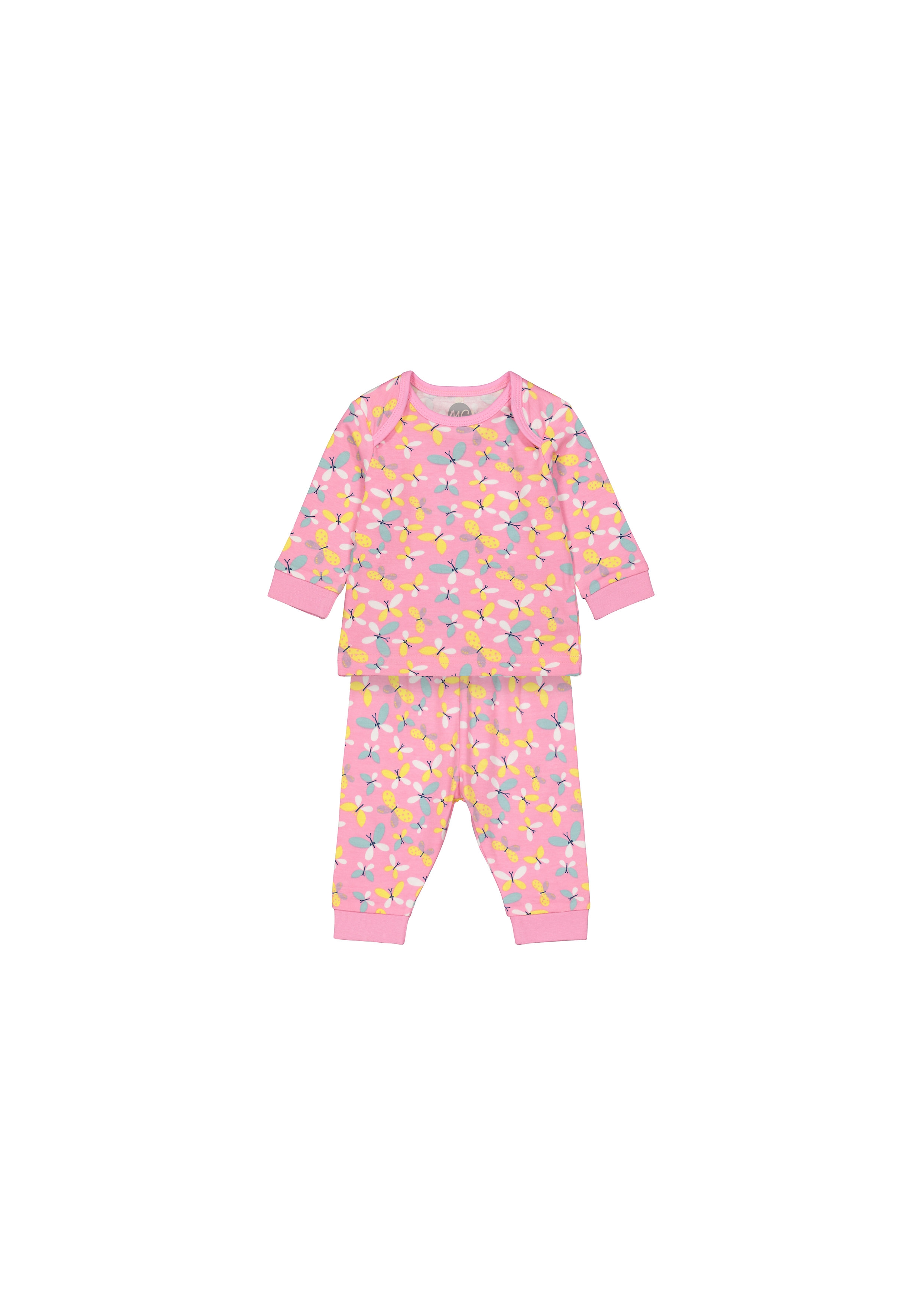 Girls Full Sleeves Pyjamas Butterfly Print - Pink
