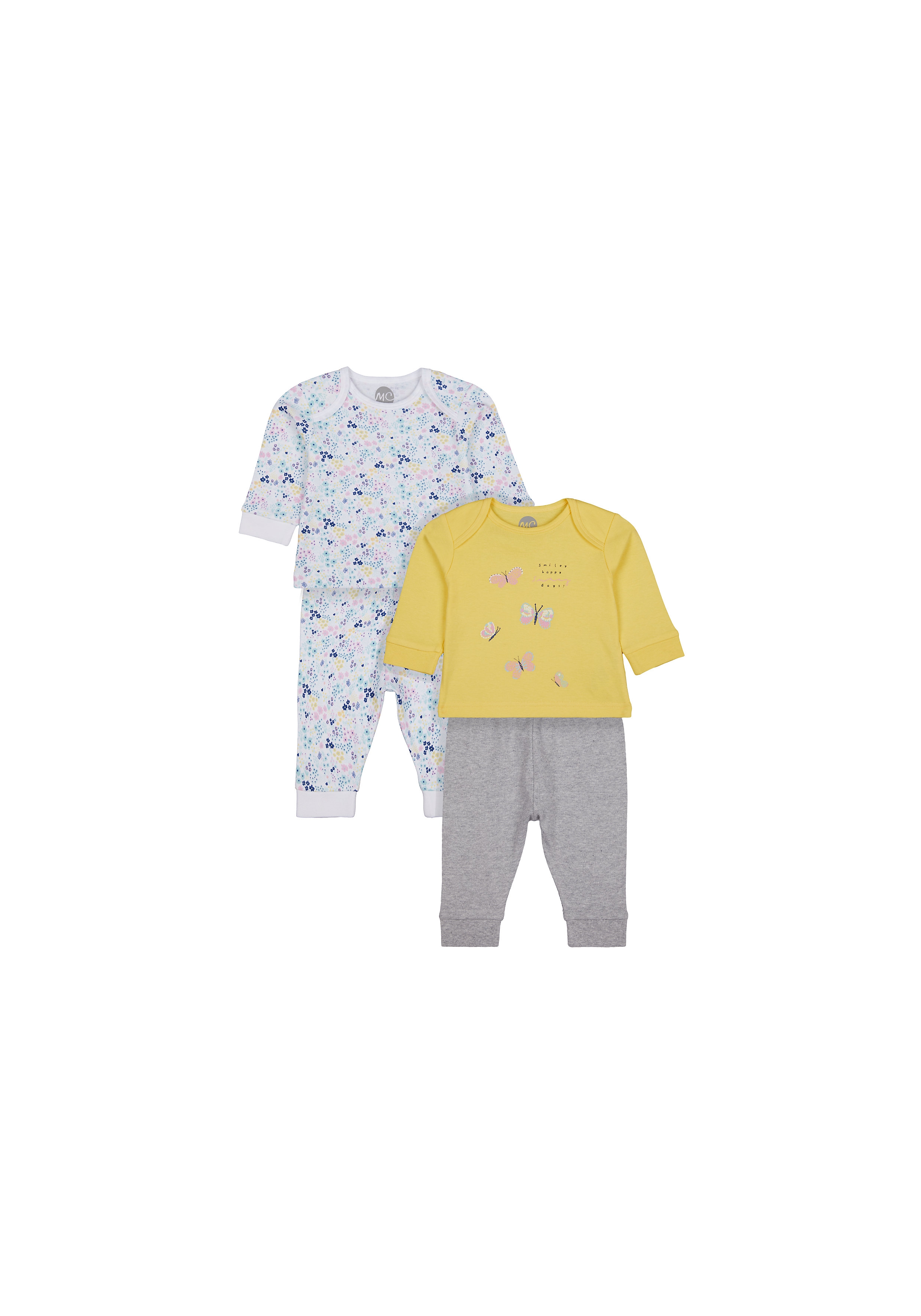 Girls Full Sleeves Pyjamas Floral And Butterfly Print - Pack Of 2 - Yellow White