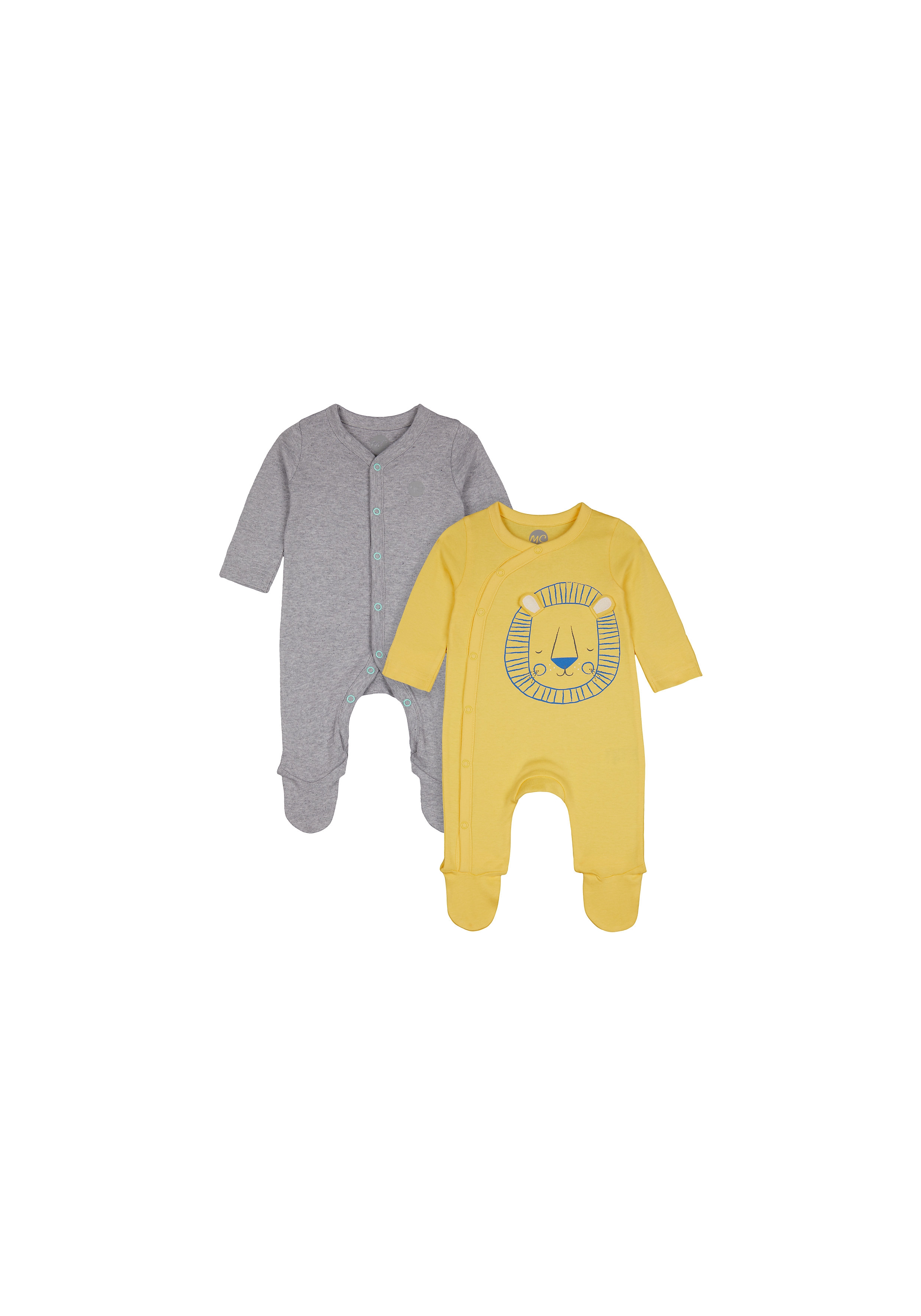 Boys Full Sleeves Romper Lion Print With 3D Ears - Pack Of 2 - Grey Yellow