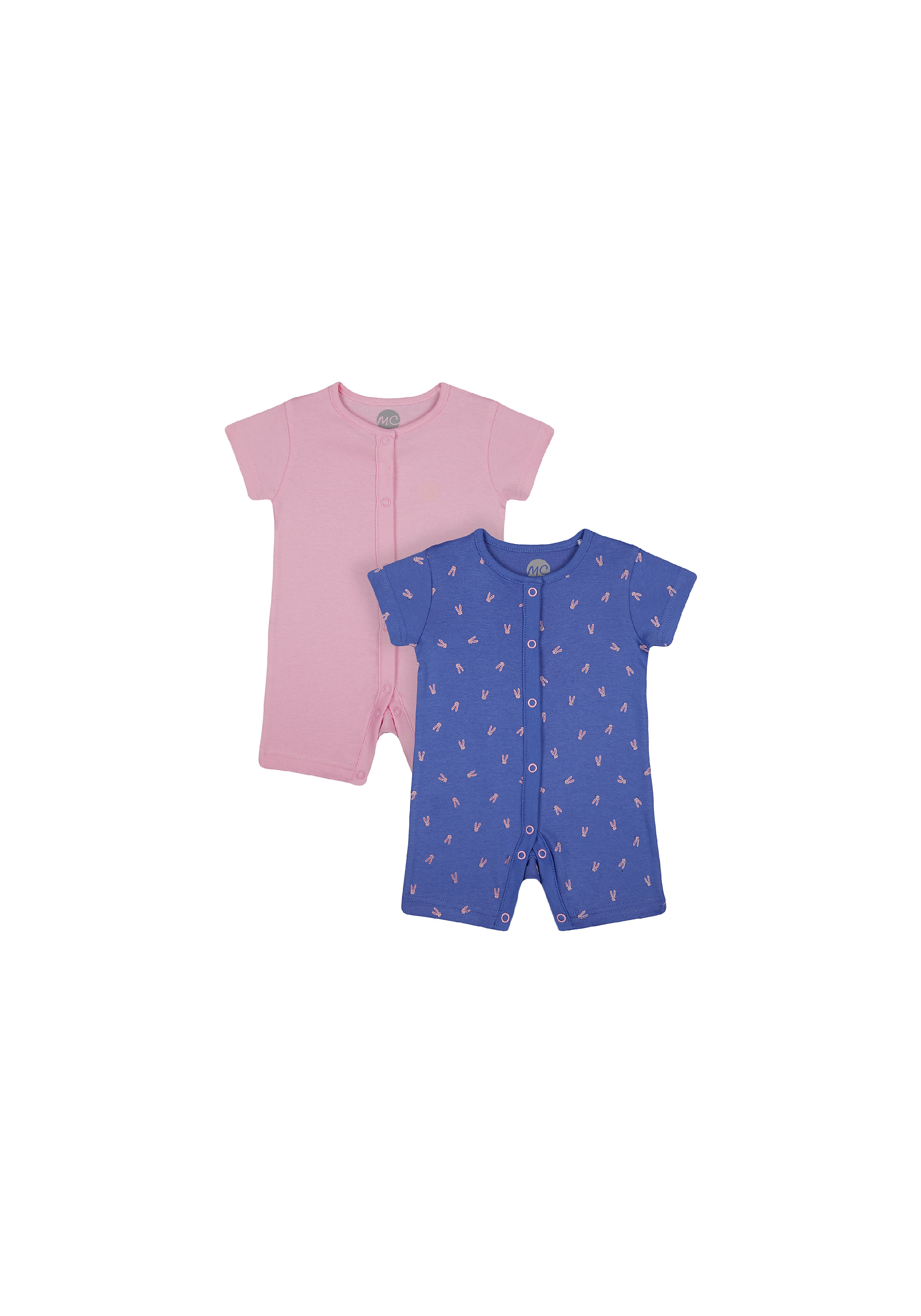 Mothercare | Girls Half Sleeves Romper Bunny Print - Pack Of 2 - Blue Pink