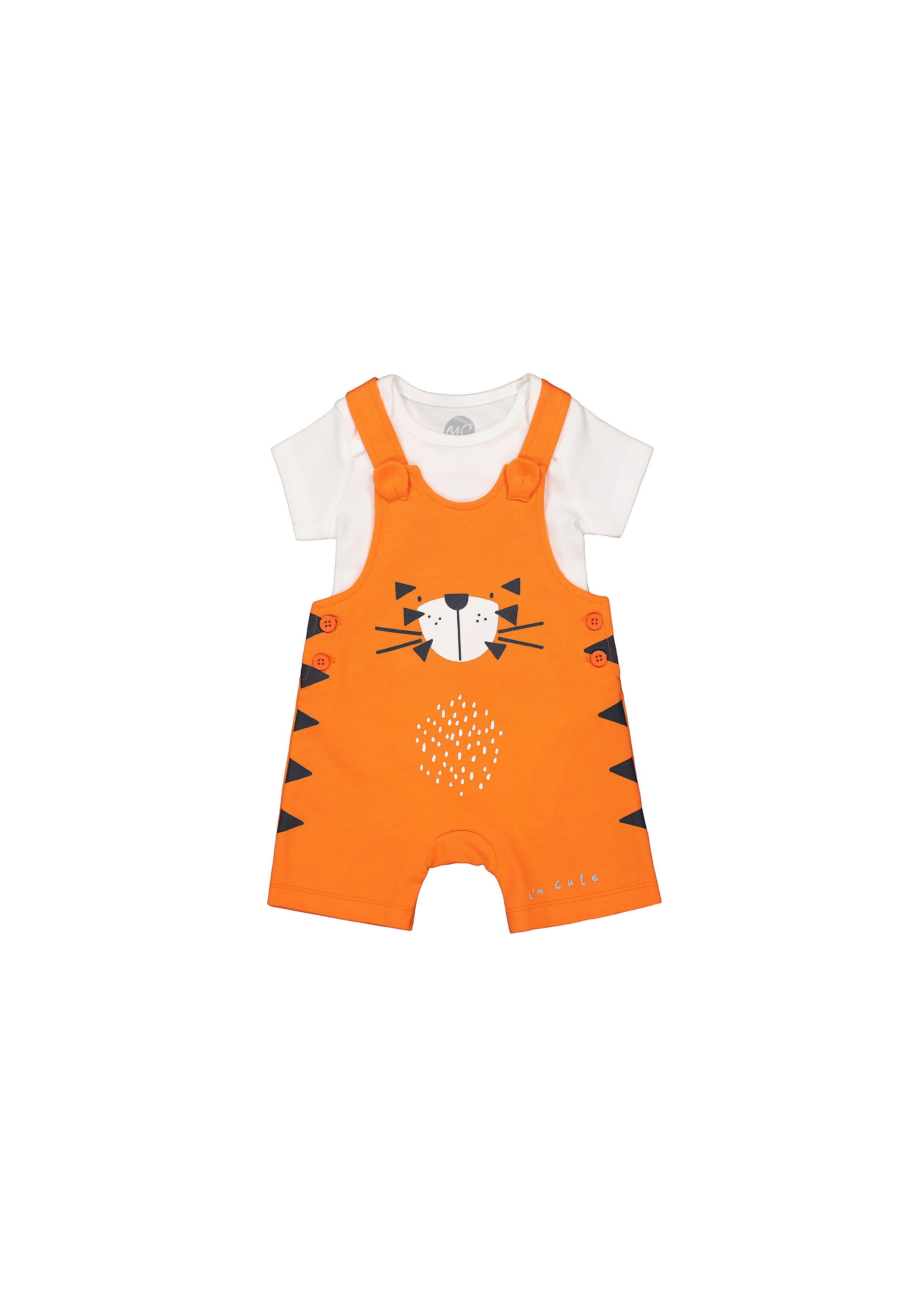 Mothercare | Boys Half Sleeves Dungaree Set Tiger Print With 3D Ears - Orange White
