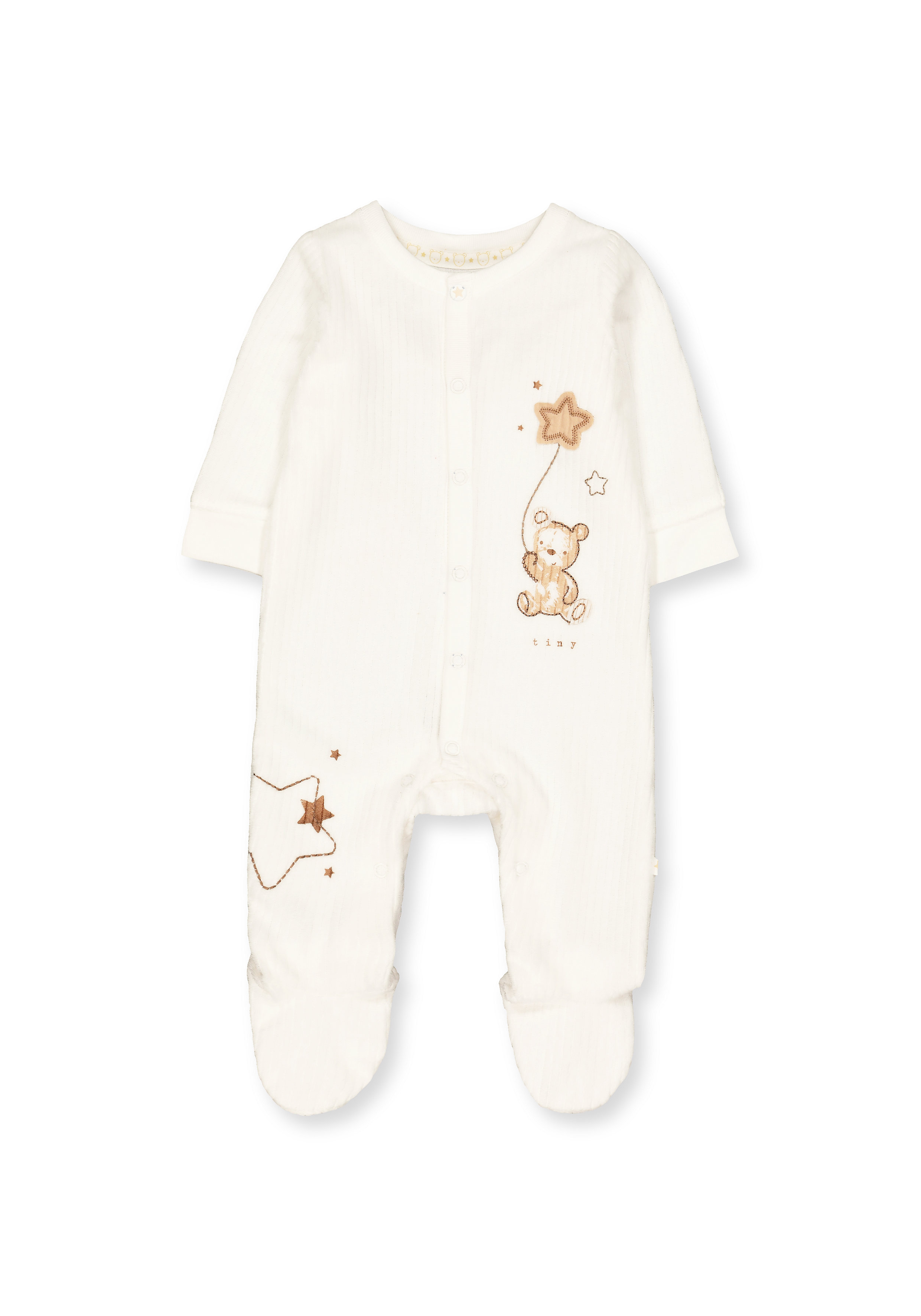Mothercare | Unisex Full Sleeves Velour Romper Bear And Star Embroidery - White