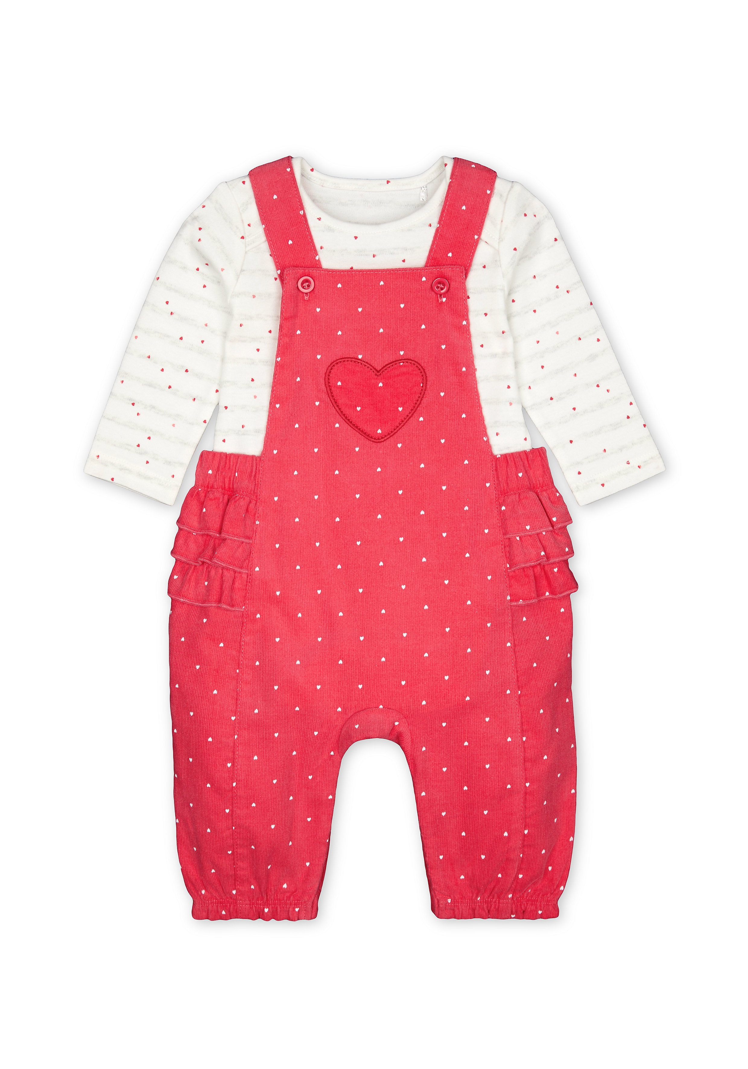 Girls Full Sleeves Cord Dungaree Set Polka Dot Print With Frill Details - Pink White