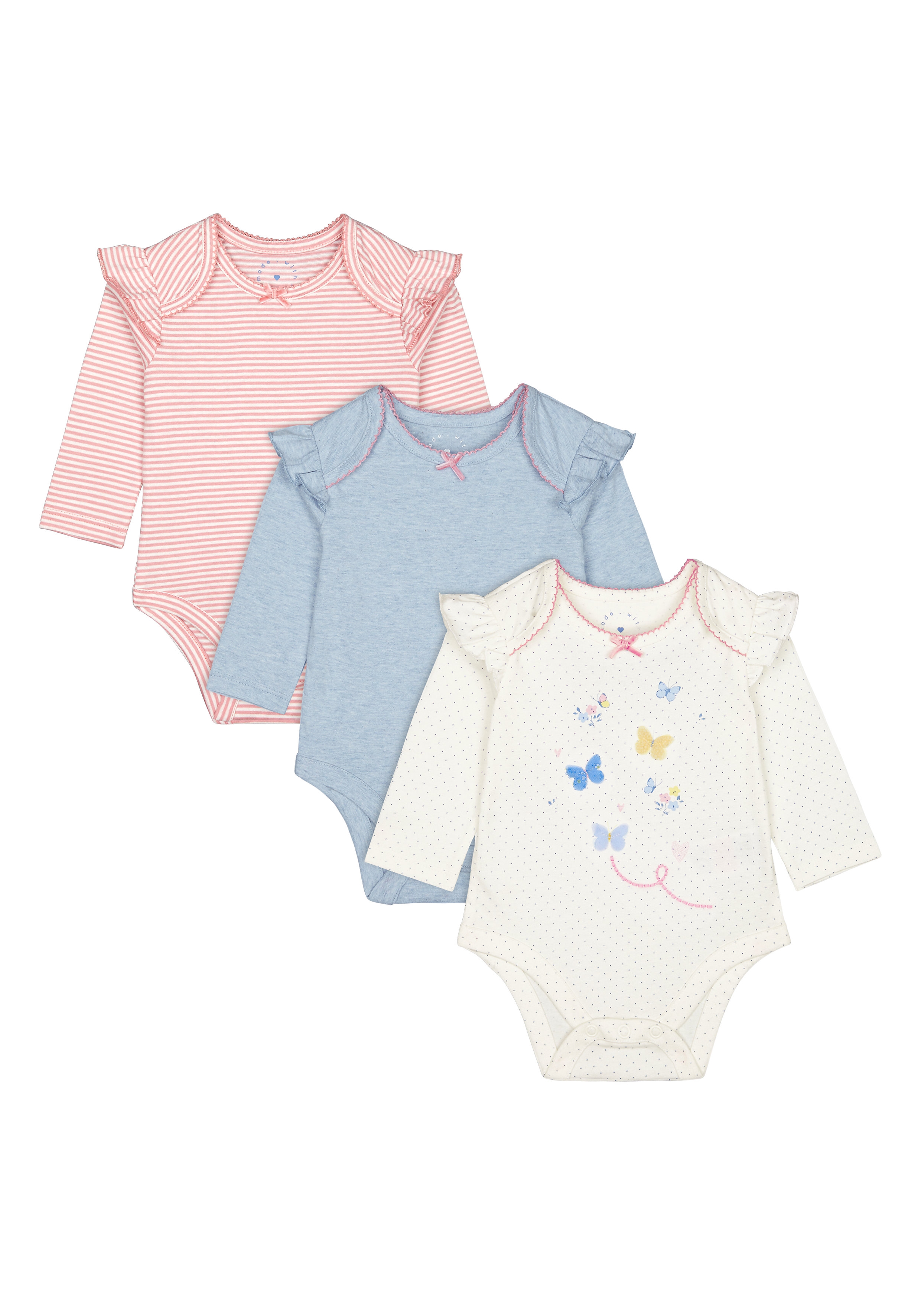 Mothercare | Girls Full Sleeves Bodysuit Striped And Printed - Pack Of 3 - Multicolor