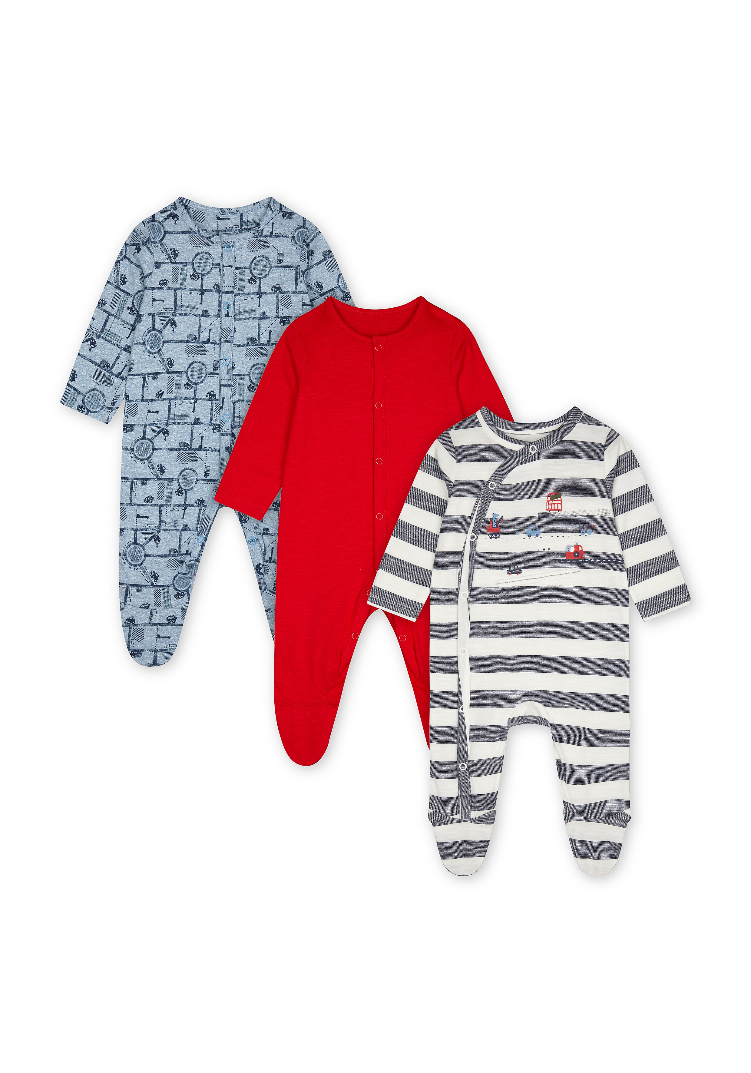 Mothercare | Boys Full Sleeves Sleepsuits  - Pack Of 3 - Blue