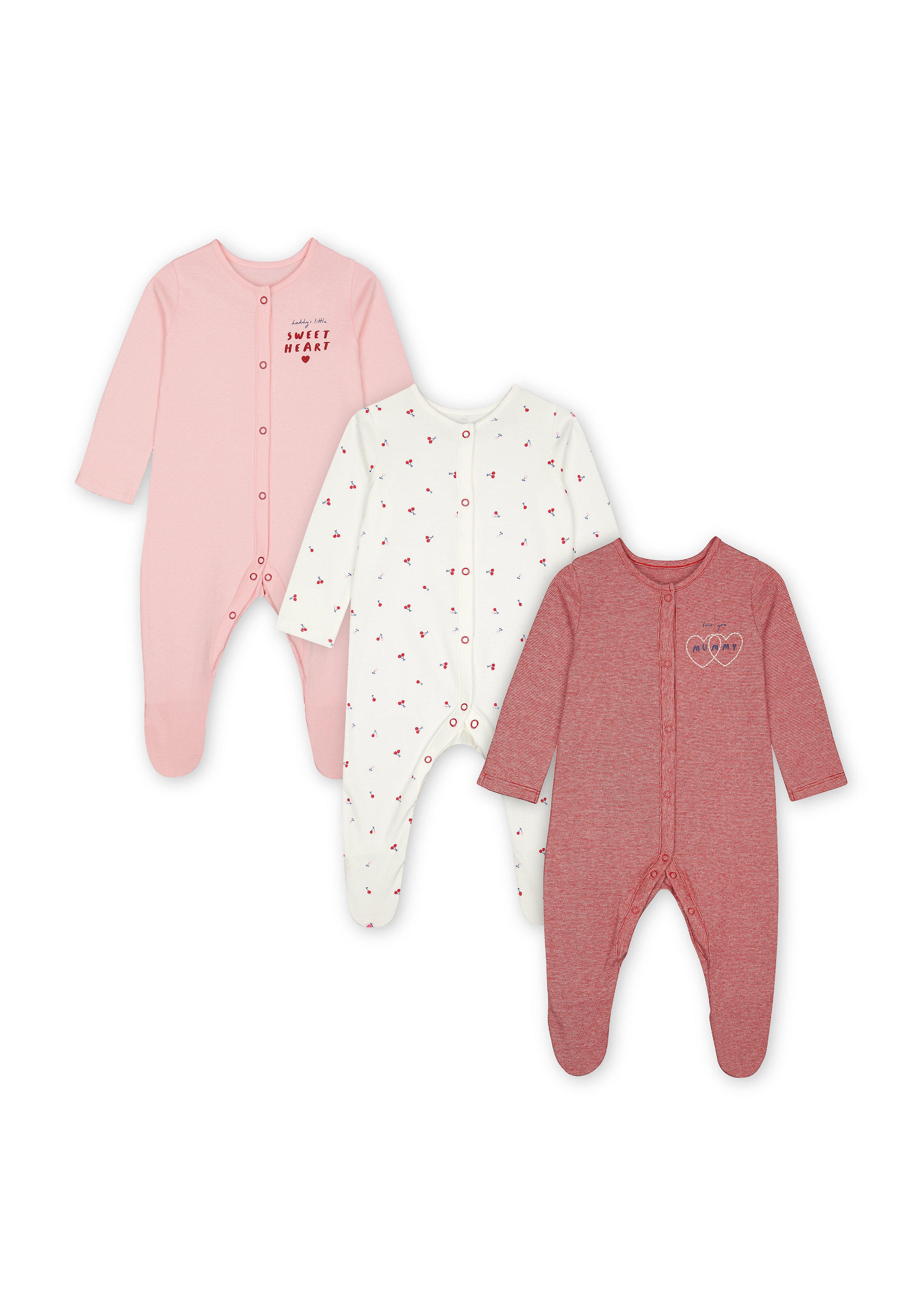 Mothercare | Girls Full Sleeves Sleepsuits  - Pack Of 3 - Pink