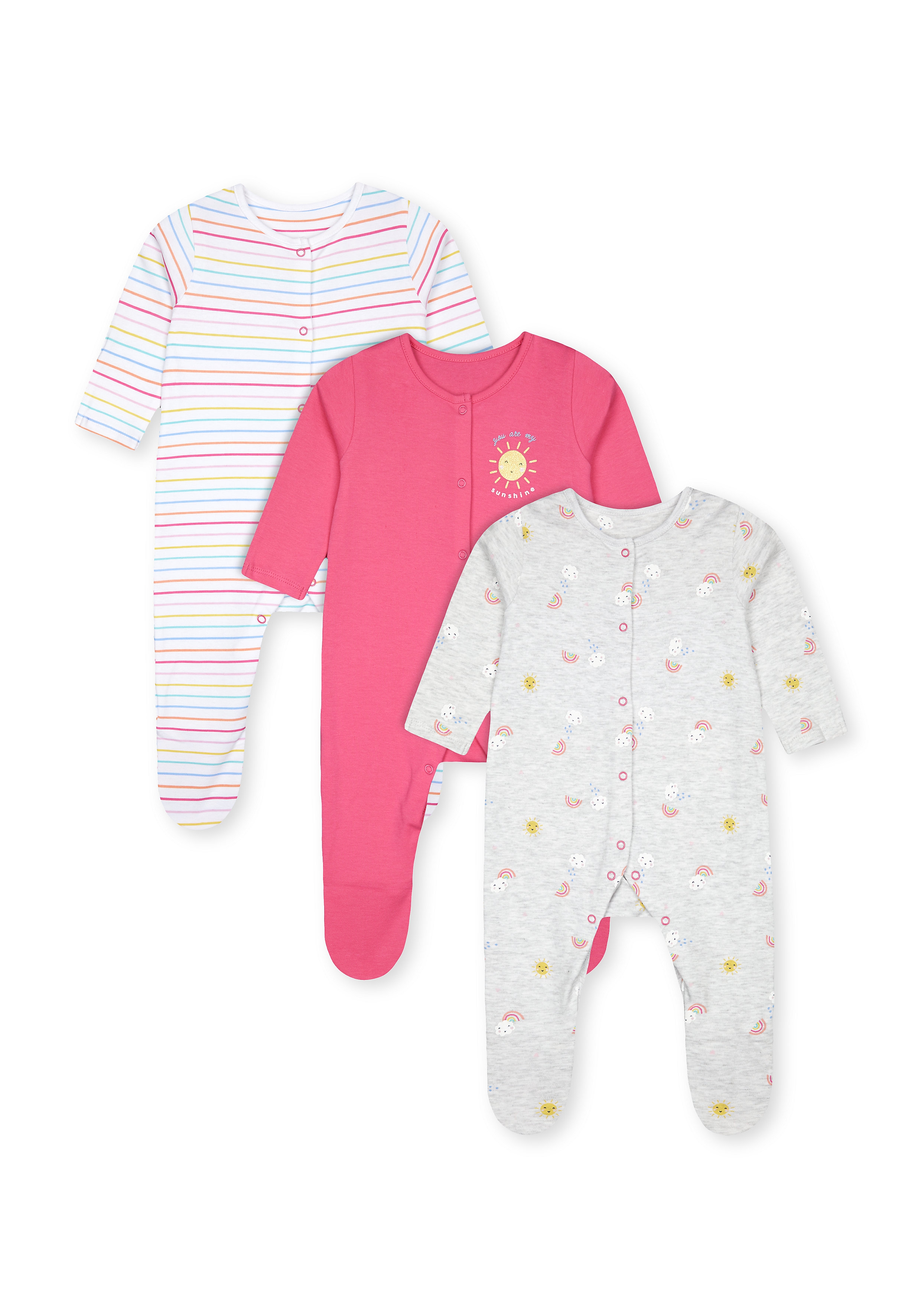Mothercare | Girls Full Sleeves Sleepsuits  - Pack Of 3 - Multicolor