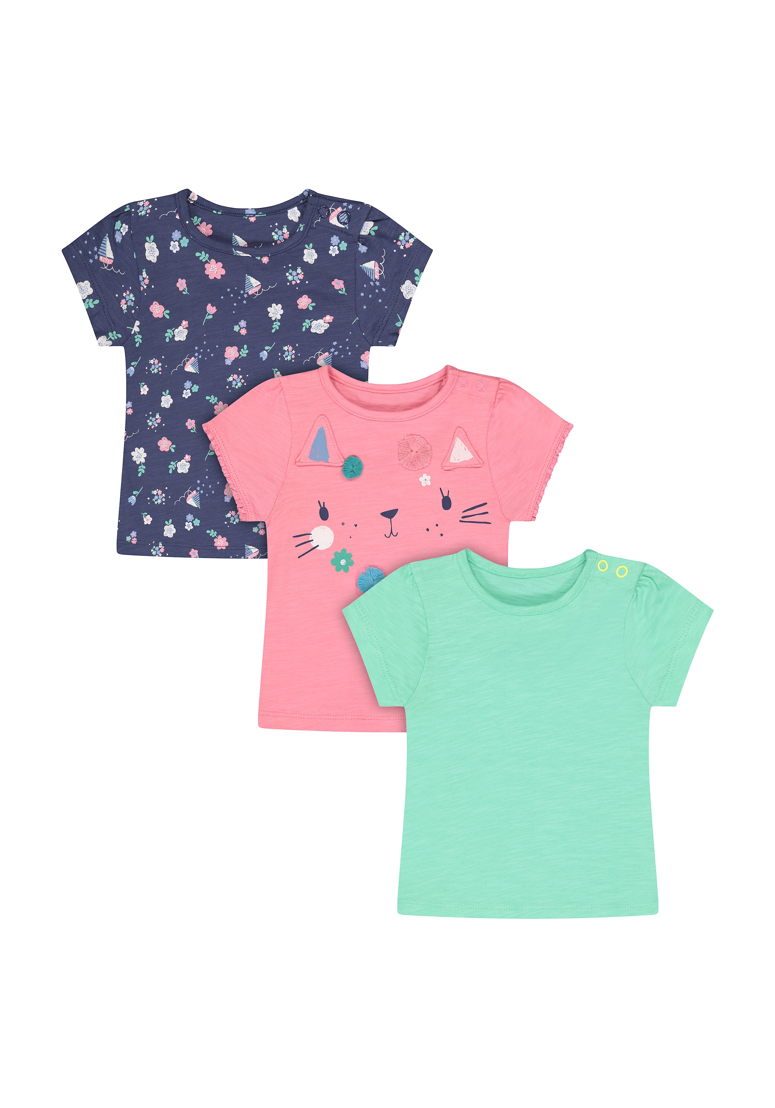 Mothercare | Girls Half Sleeves Round Neck T-shirts  - Pack Of 3 - Multicolor