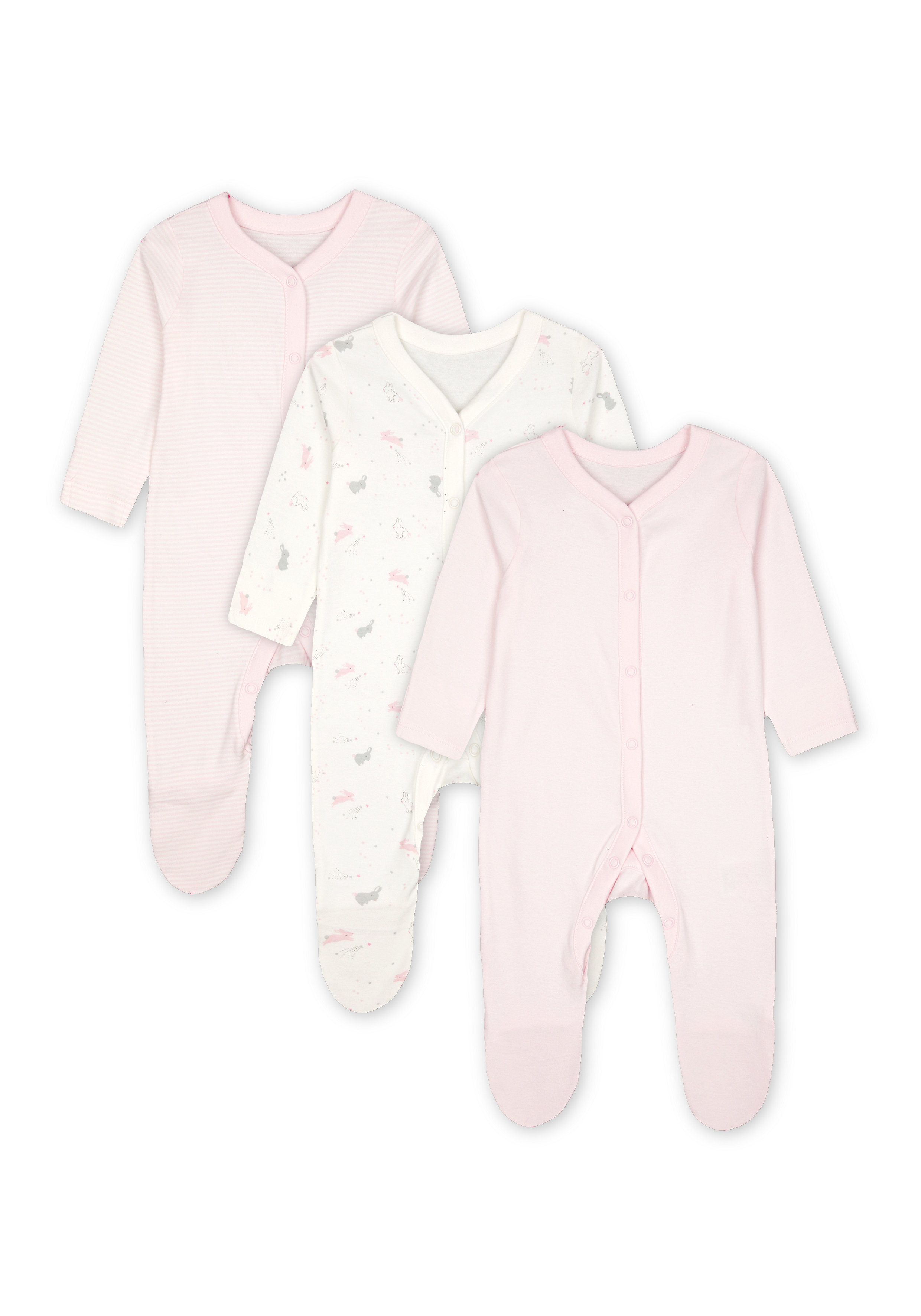Mothercare | Girls Full Sleeves Sleepsuit Striped And Bunny Print - Pack Of 3 - Pink