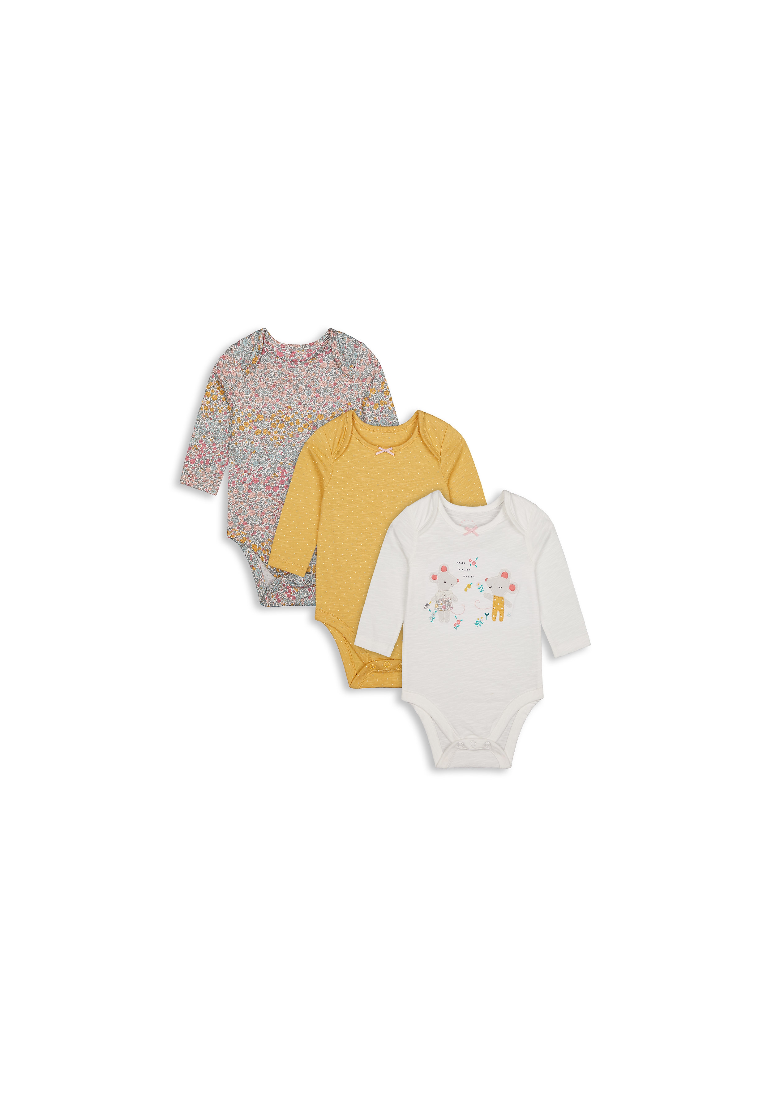 Mothercare | Girls Full Sleeves Mouse Patch Work Bodysuit - Pack Of 3 - Multicolor