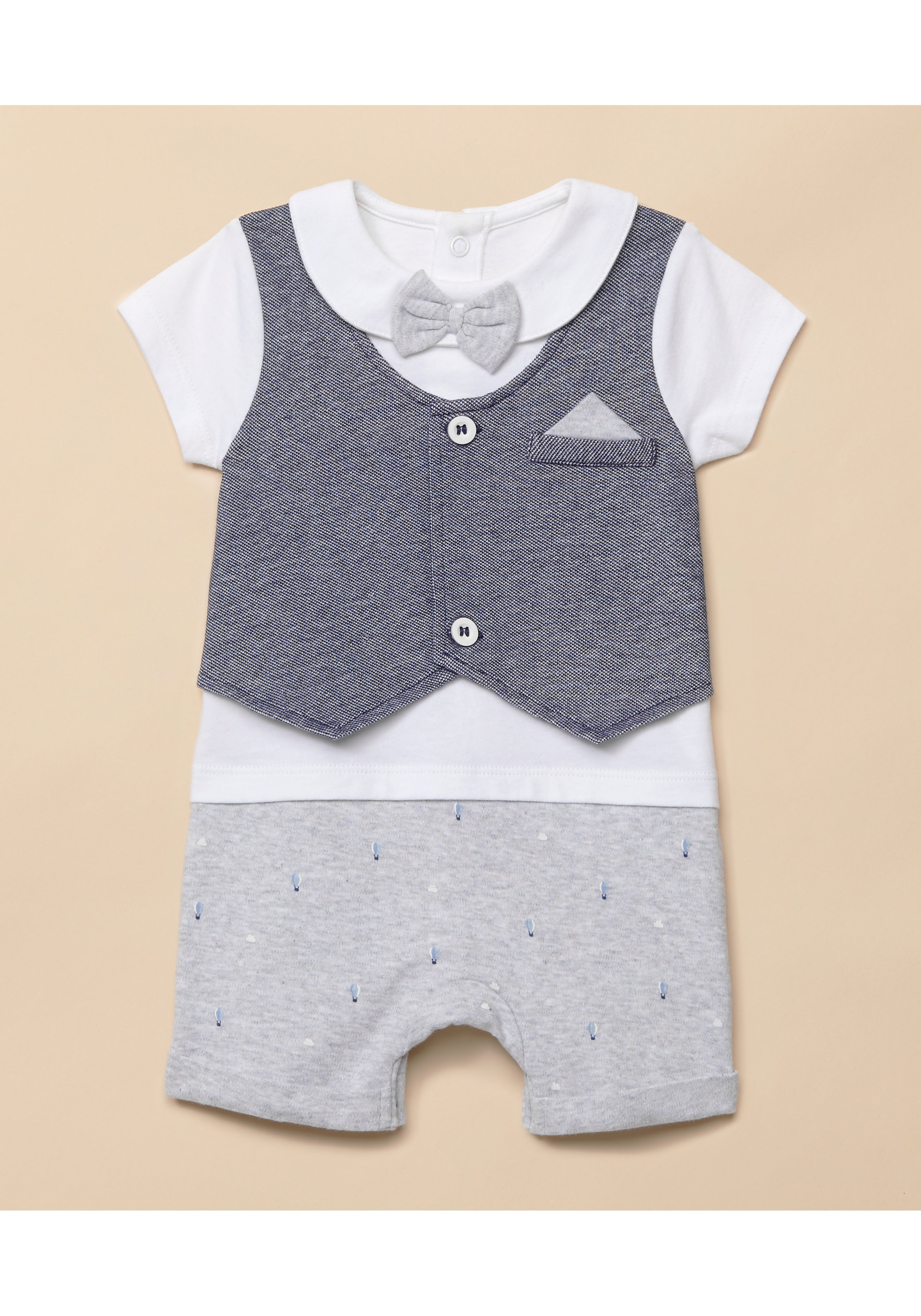 Mothercare | Boys Half Sleeves Romper Mock Waistcoat And Bow Detail - Blue White