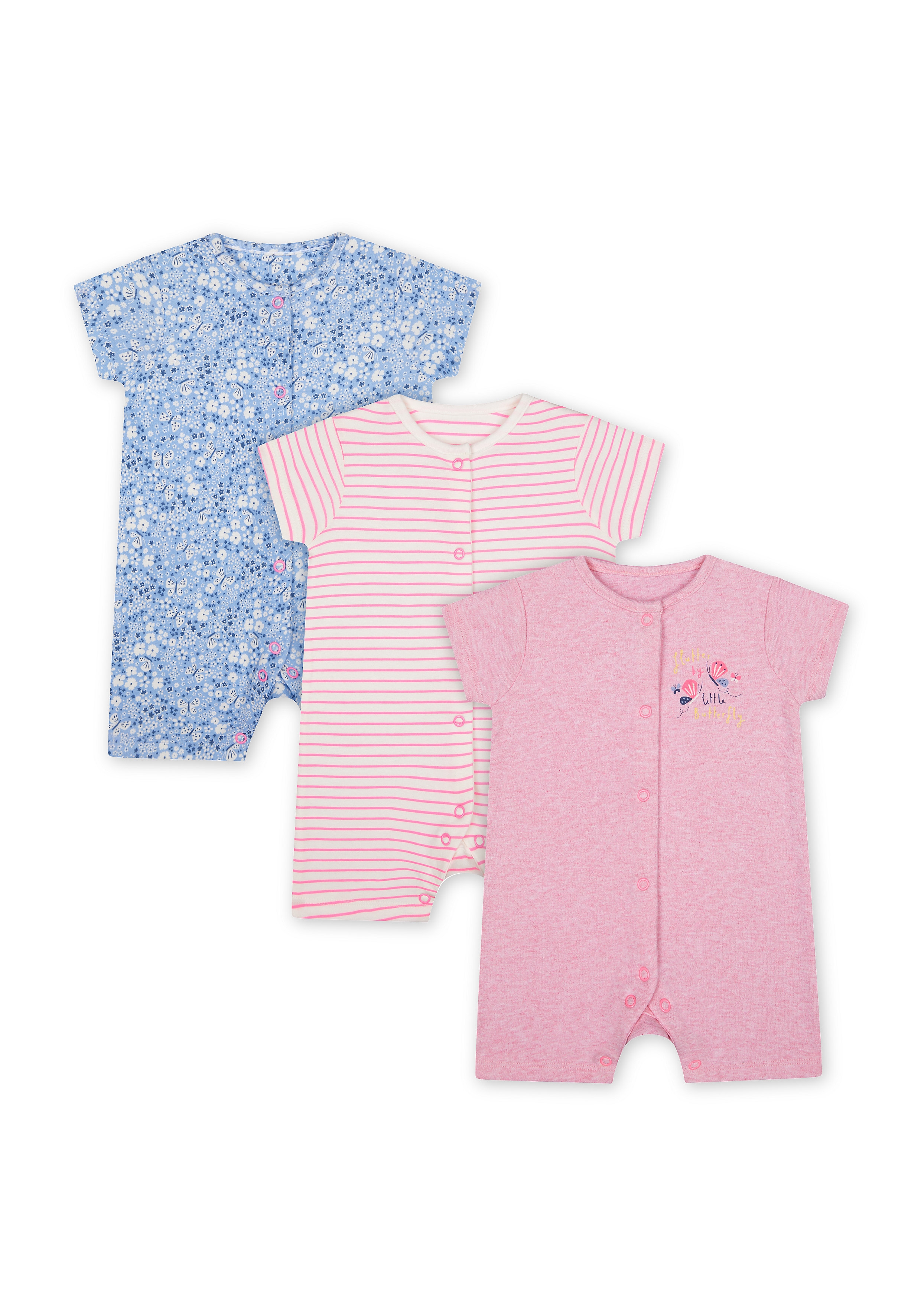Mothercare | Girls Half Sleeves Romper Printed And Striped - Pack Of 3 - Multicolor