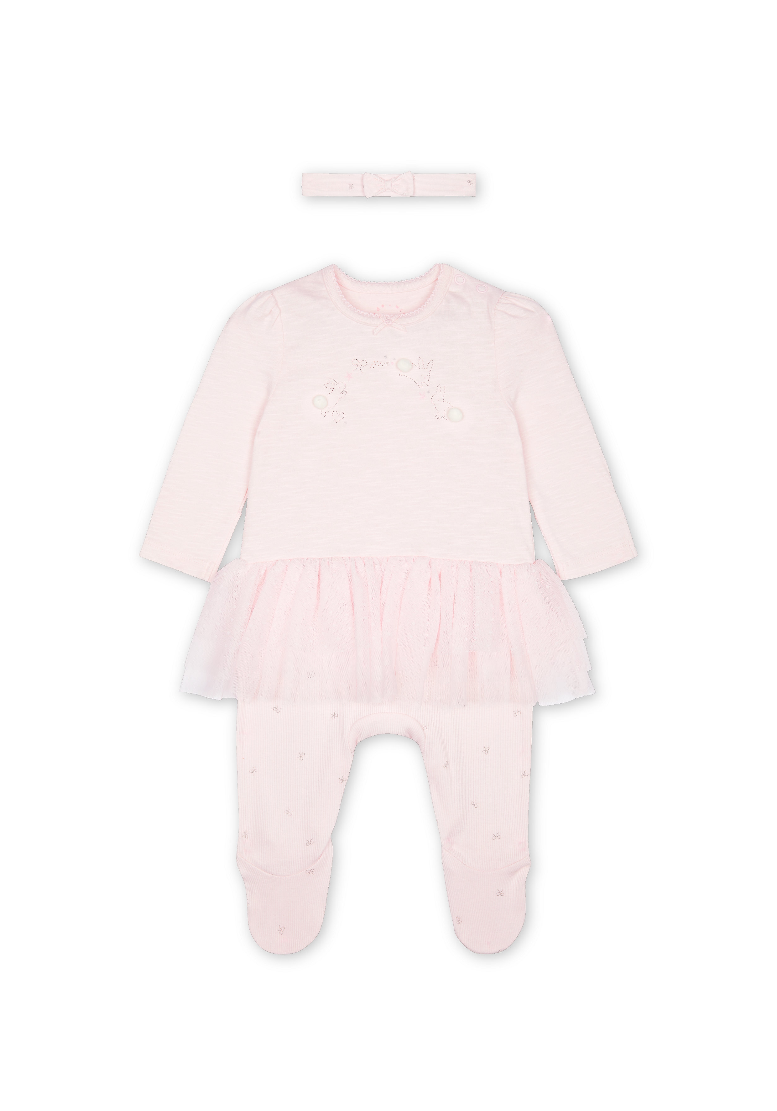 Girls Full Sleeves Frill Romper With Headband - Pink