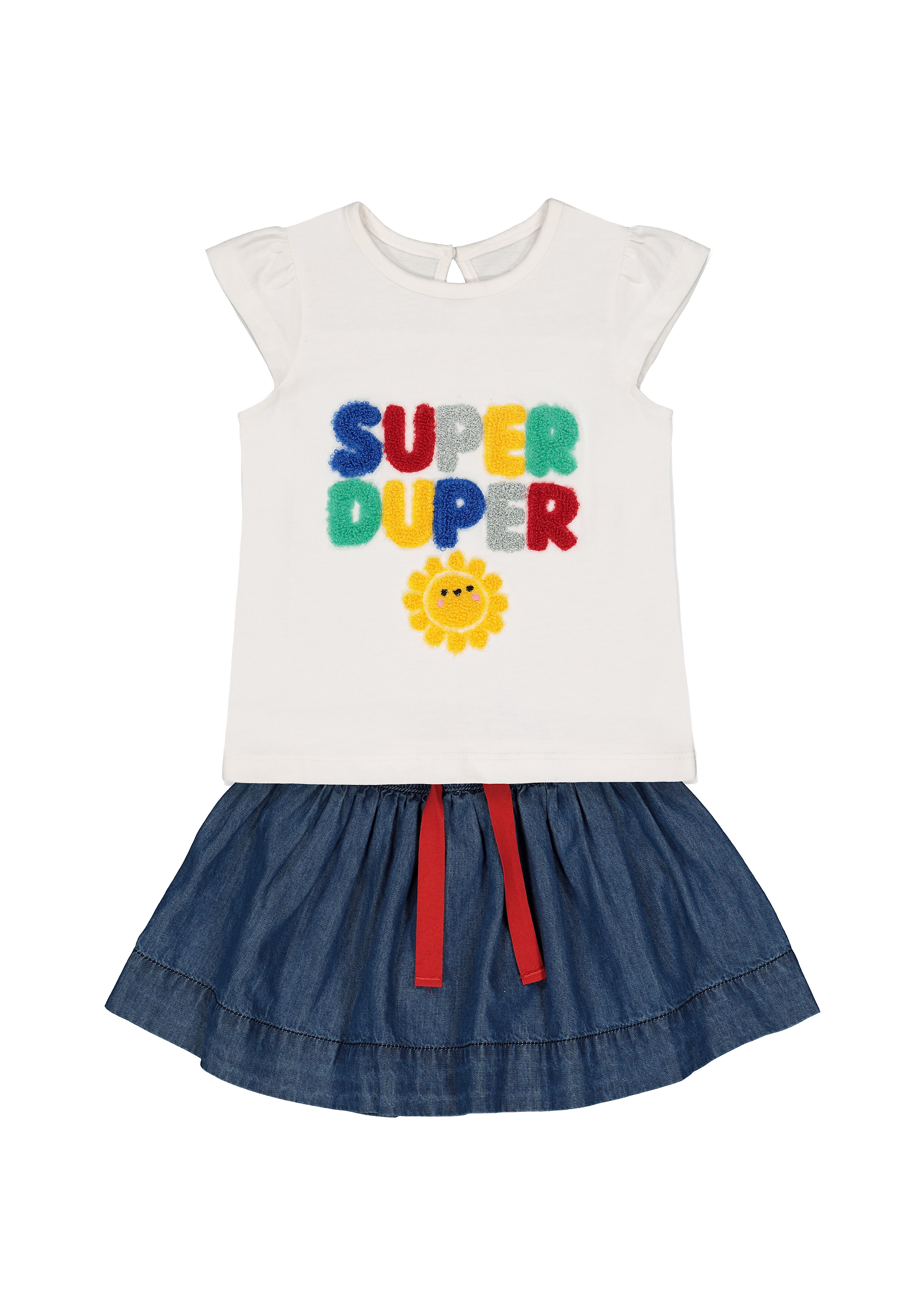 Mothercare | Girls Half Sleeves T-Shirt And Skirt Set Text Patch Work - White Blue