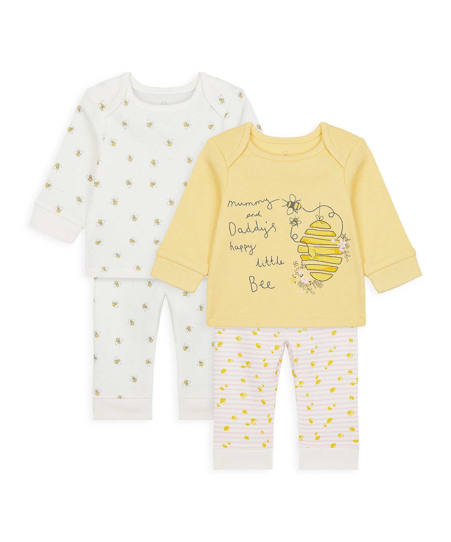 Girls Full Sleeves Pyjama Set Bee Print - Pack Of 2 - Yellow White