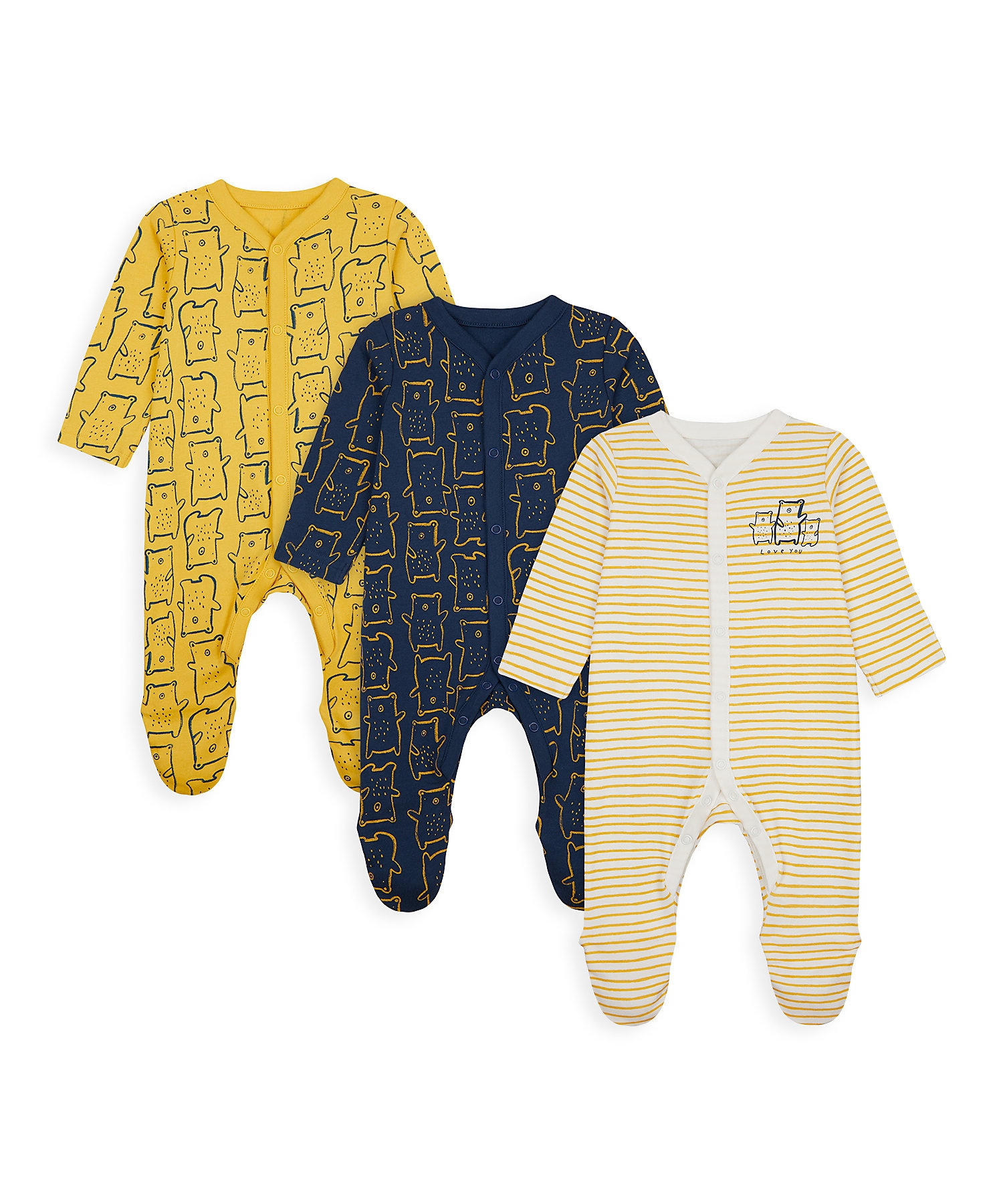 Mothercare | Boys Full Sleeves Sleepsuit Stripes And Bear Print - Pack Of 3 - Multicolor