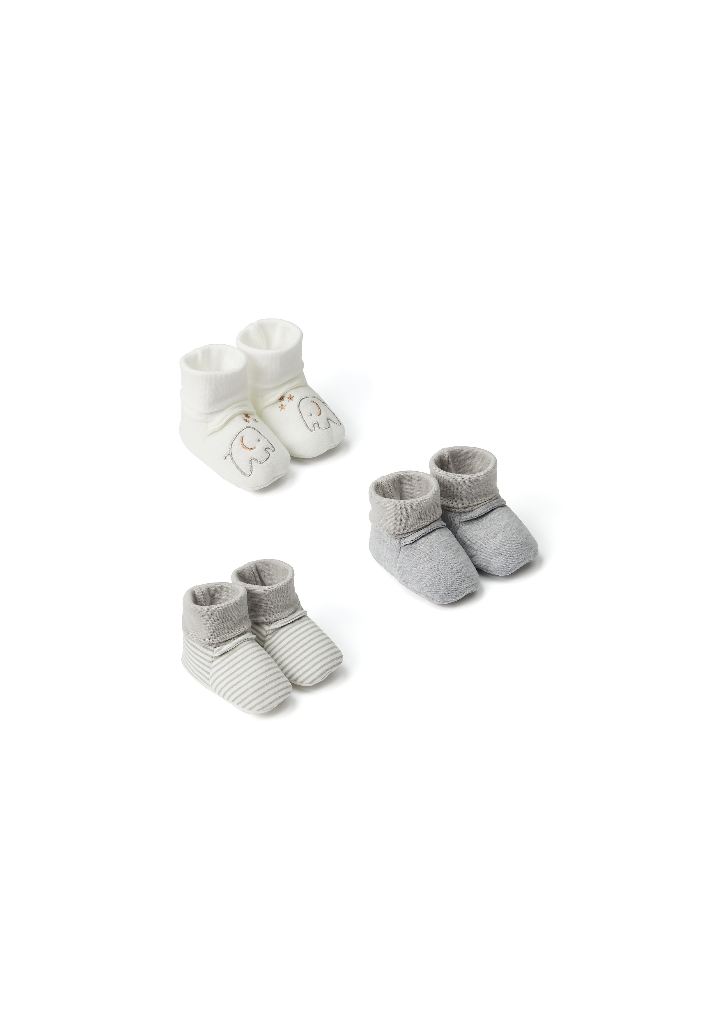 Mothercare | Unisex Socktop Booties Elephant Embroidery - Pack Of 3 - Grey White